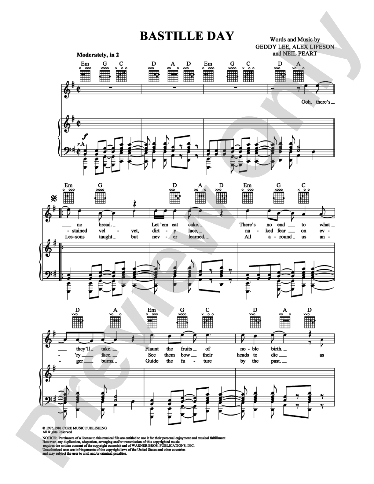 Bastille Day: Piano/Vocal/Chords Digital Sheet Music