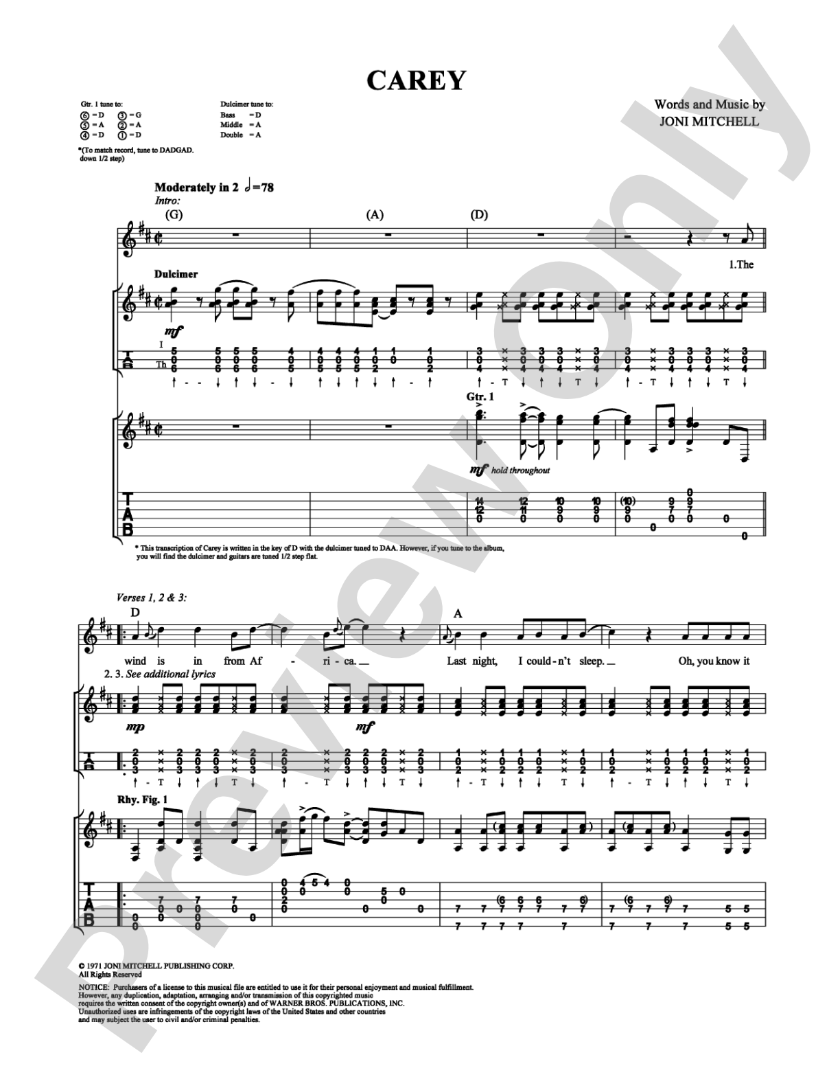 Carey: Guitar TAB Digital Sheet Music