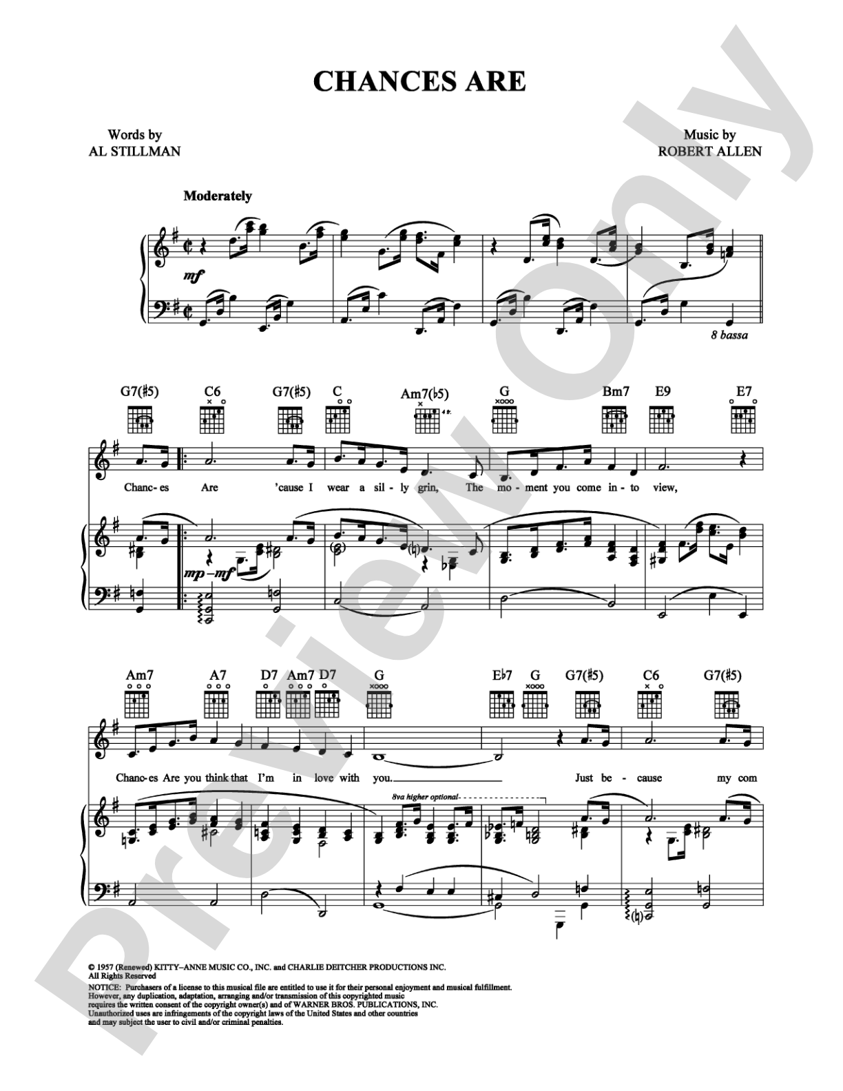 Chances Are: Piano/Vocal/Chords Digital Sheet Music