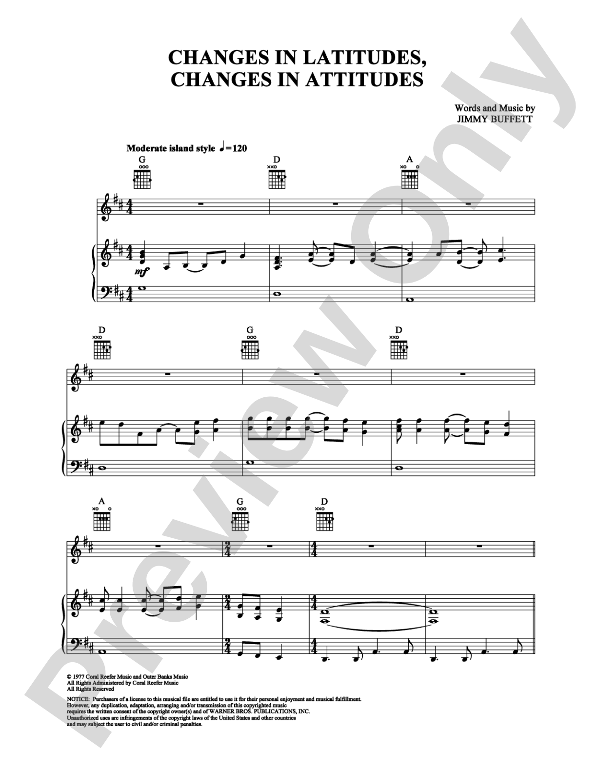 Changes in Latitudes, Changes in Attitudes: Piano/Vocal/Chords Digital Sheet Music