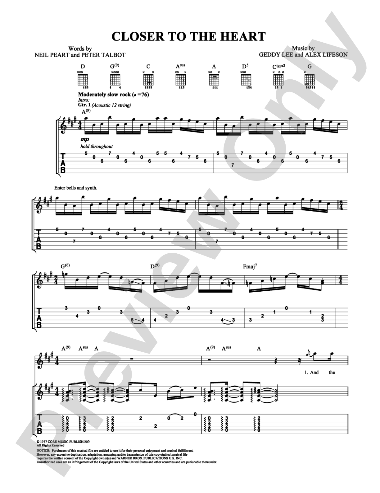 Closer to the Heart: Guitar TAB Digital Sheet Music