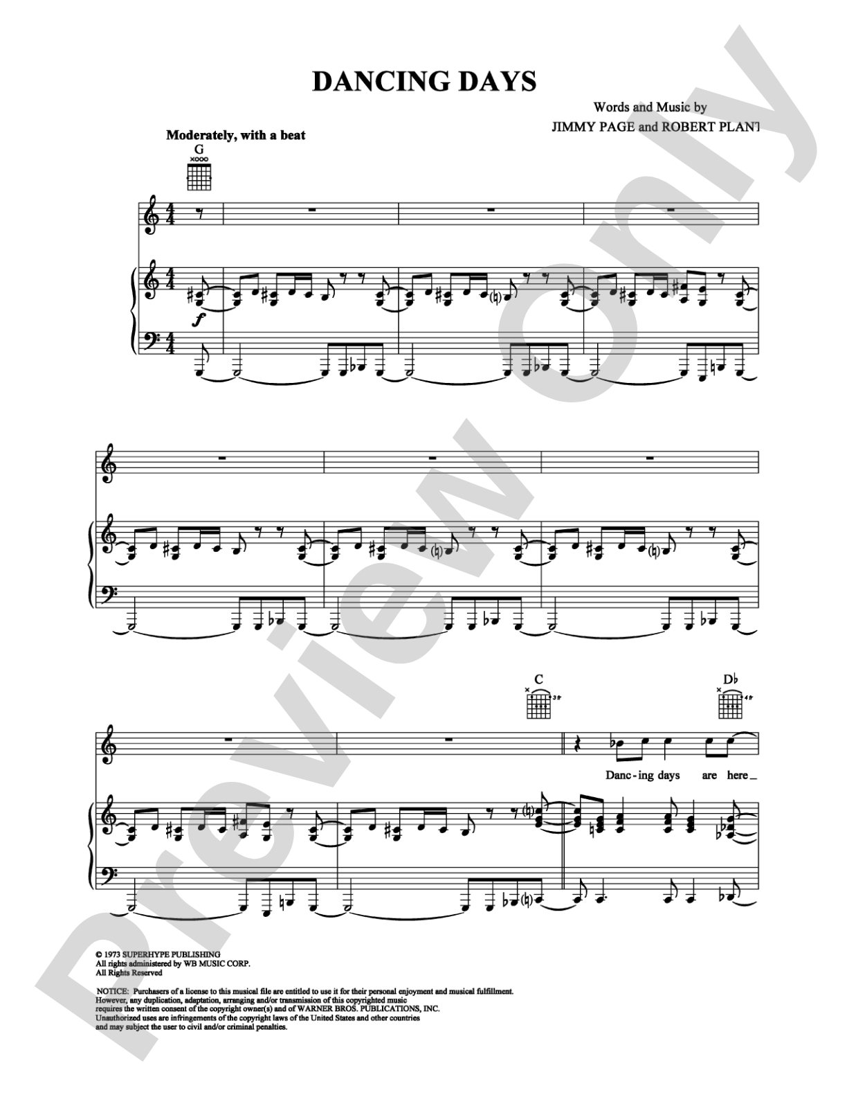 Dancing Days: Piano/Vocal/Chords Digital Sheet Music
