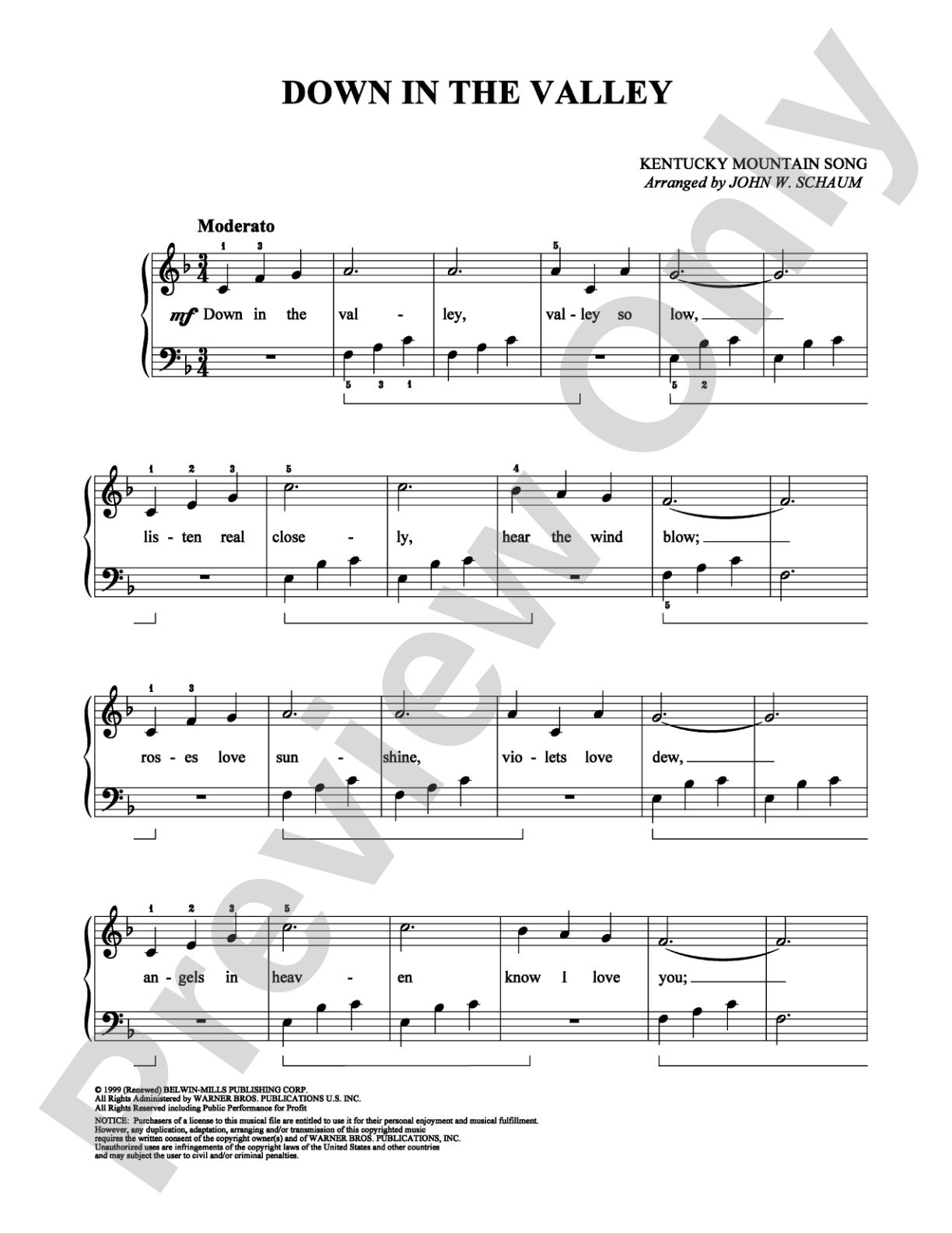 Down in the Valley: Easy Piano Digital Sheet Music