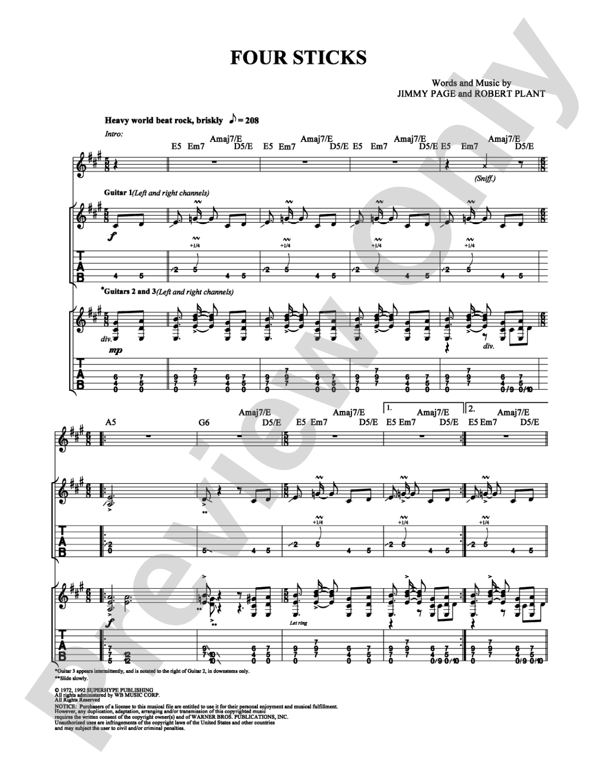 Four Sticks: Guitar TAB Digital Sheet Music