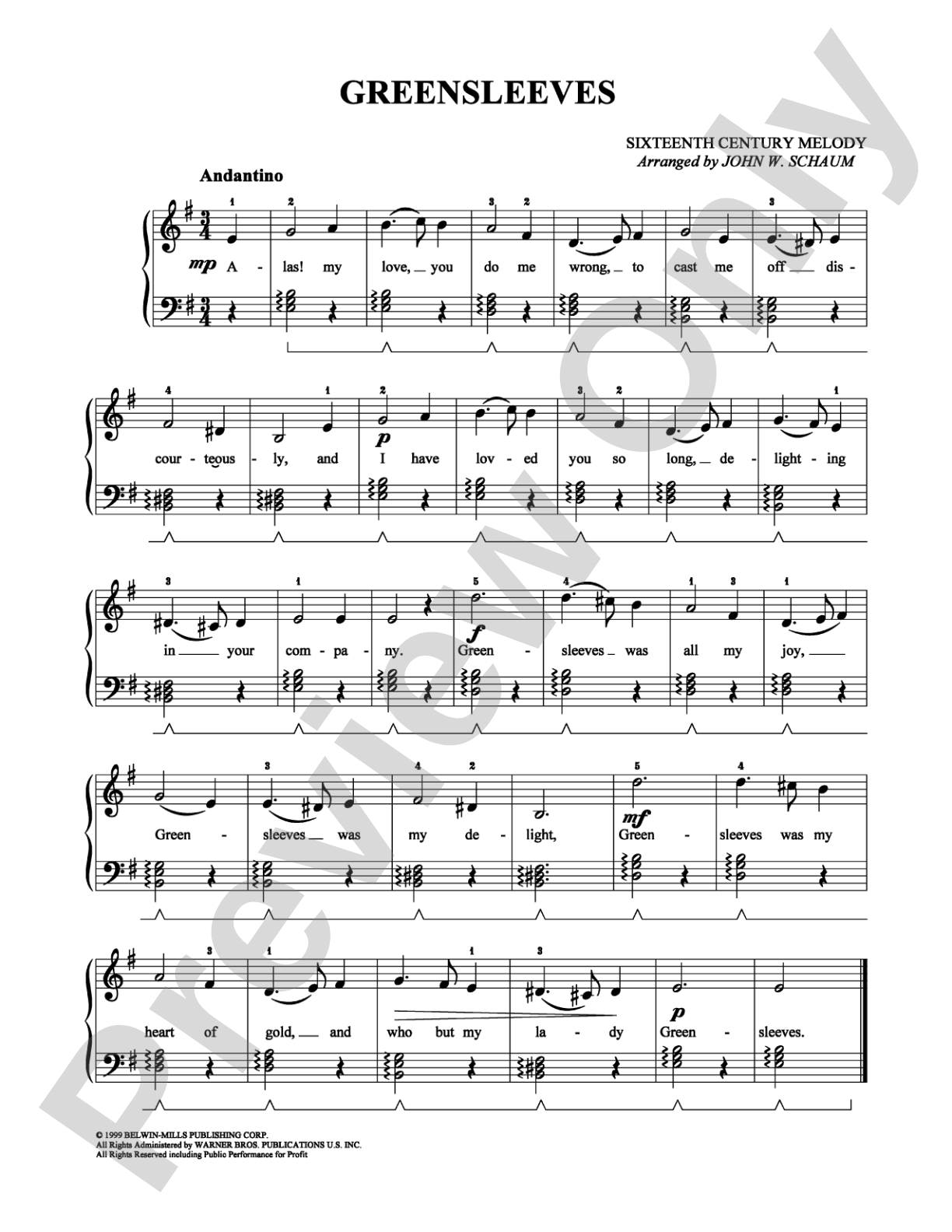 Greensleeves: Easy Piano Digital Sheet Music