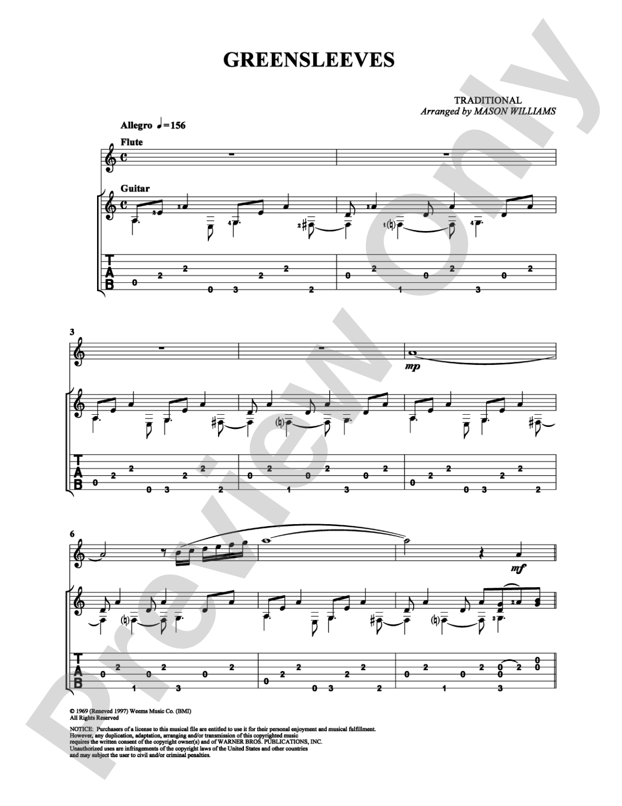 Greensleeves: Guitar TAB Digital Sheet Music