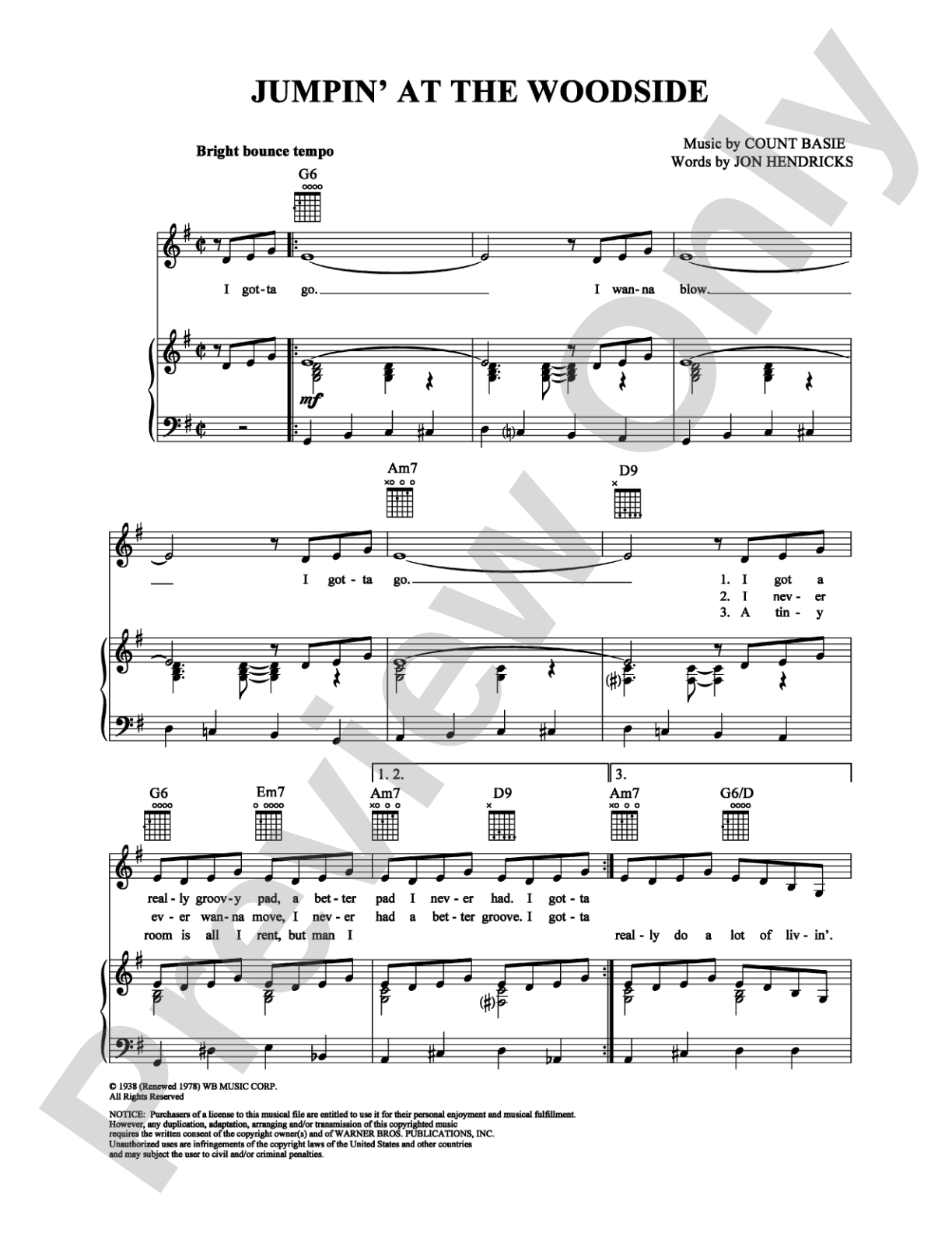 Jumpin' at the Woodside: Piano/Vocal/Chords Digital Sheet Music