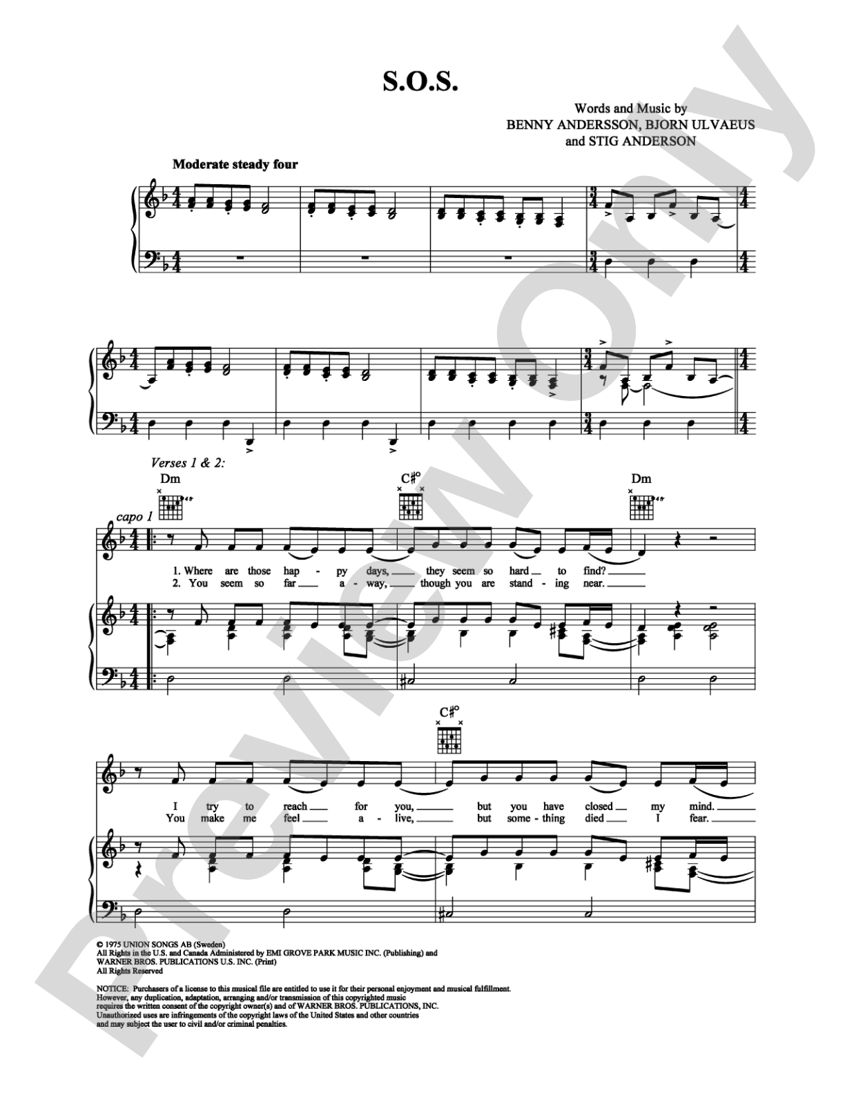S.O.S.: Piano/Vocal/Chords Digital Sheet Music