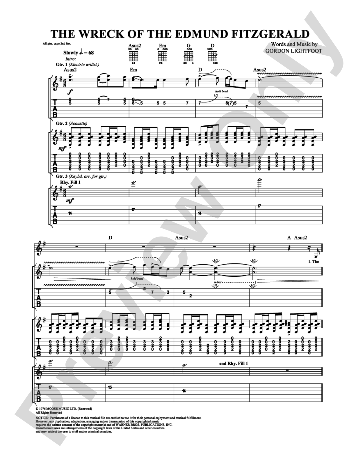 The Wreck of the Edmund Fitzgerald: Guitar TAB Digital Sheet Music