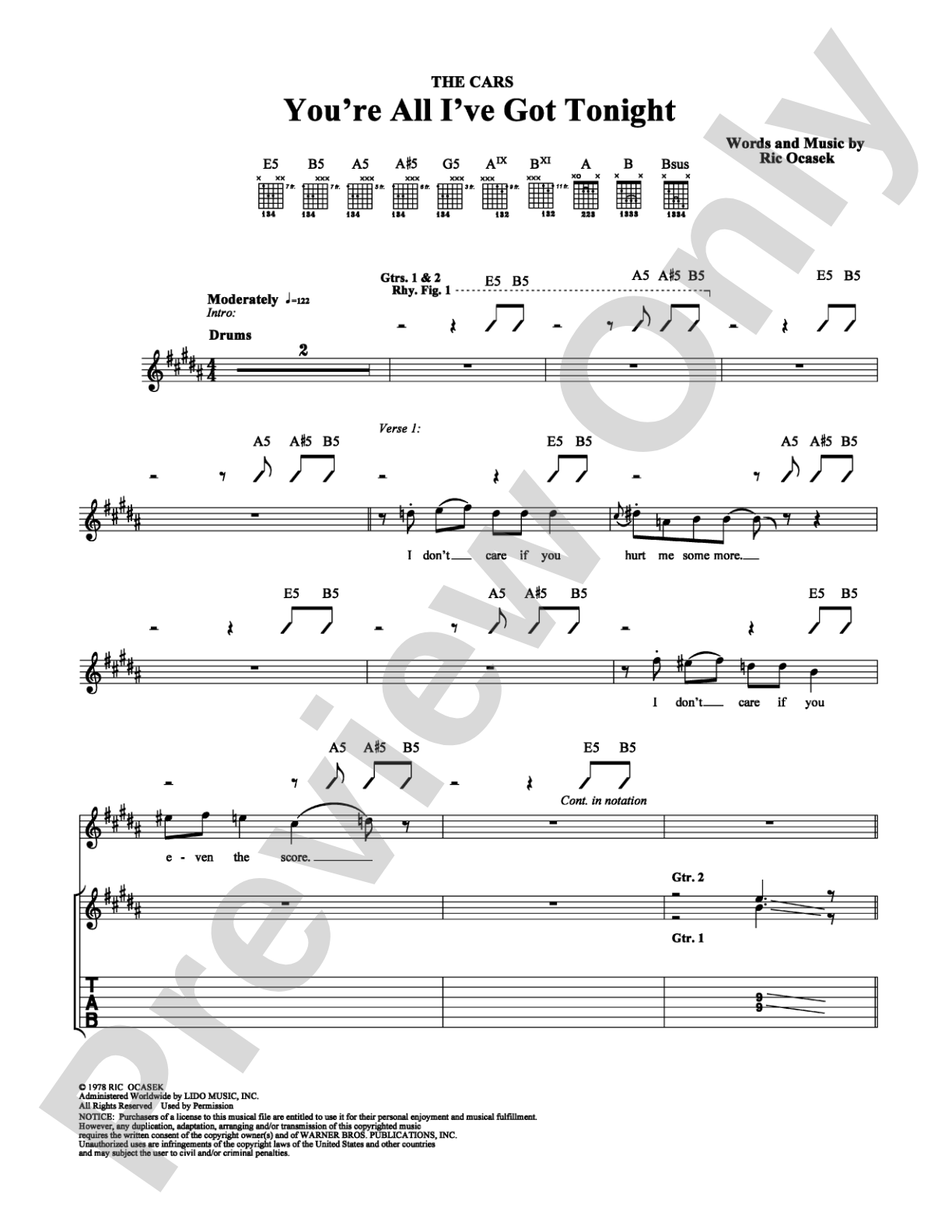 You're All I've Got Tonight: Guitar TAB Digital Sheet Music