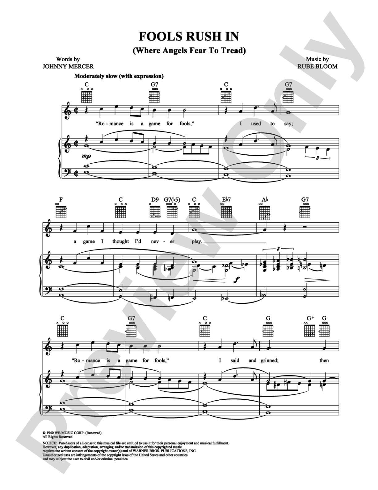 Fools Rush In: Piano/Vocal/Chords Digital Sheet Music