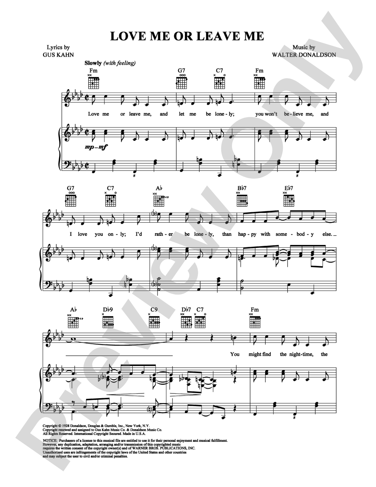 Love Me or Leave Me: Piano/Vocal/Chords Digital Sheet Music