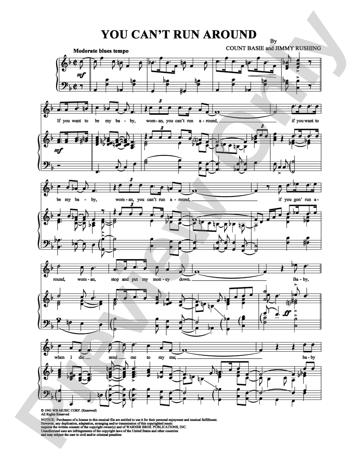 You Can't Run Around: Piano/Vocal/Chords Digital Sheet Music