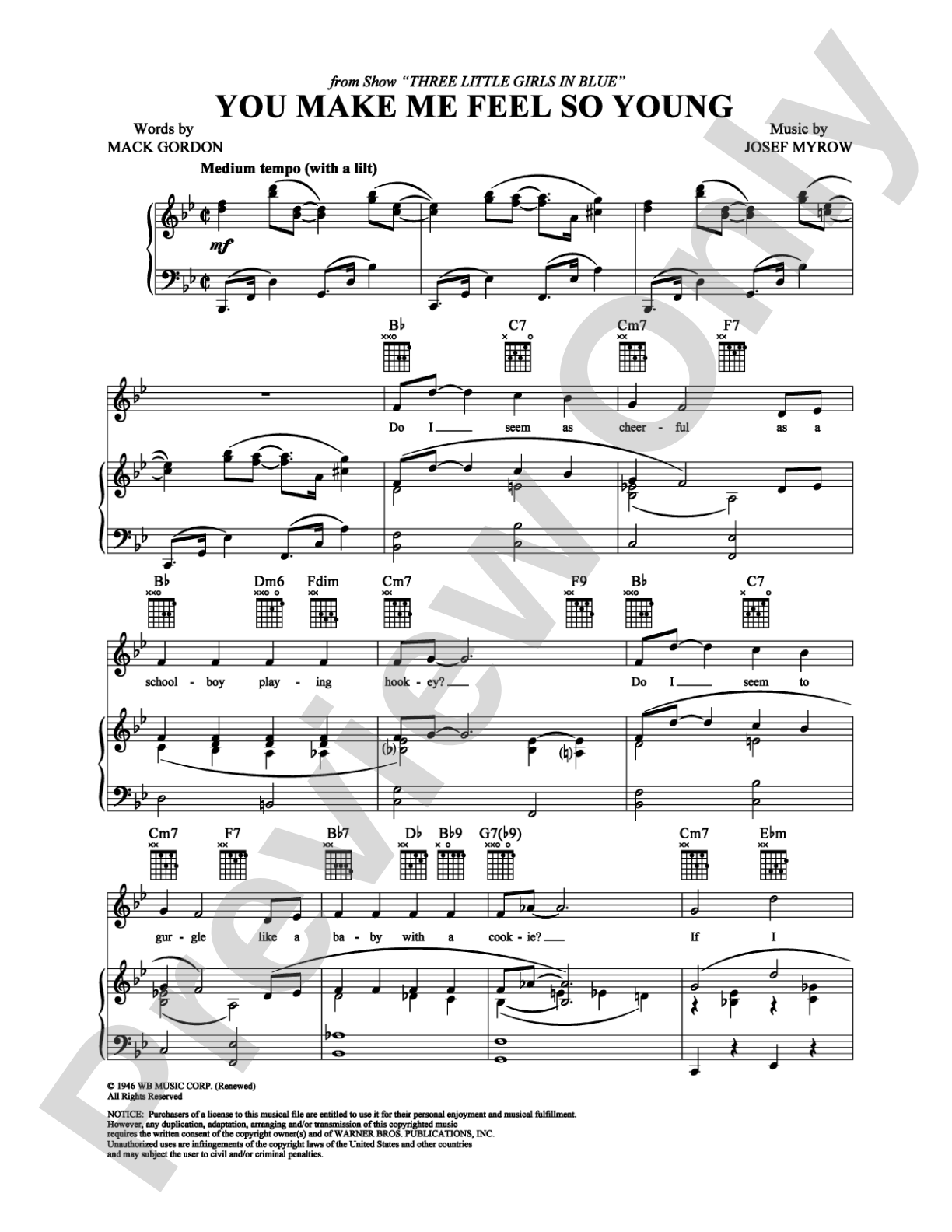 You Make Me Feel So Young: Piano/Vocal/Chords Digital Sheet Music