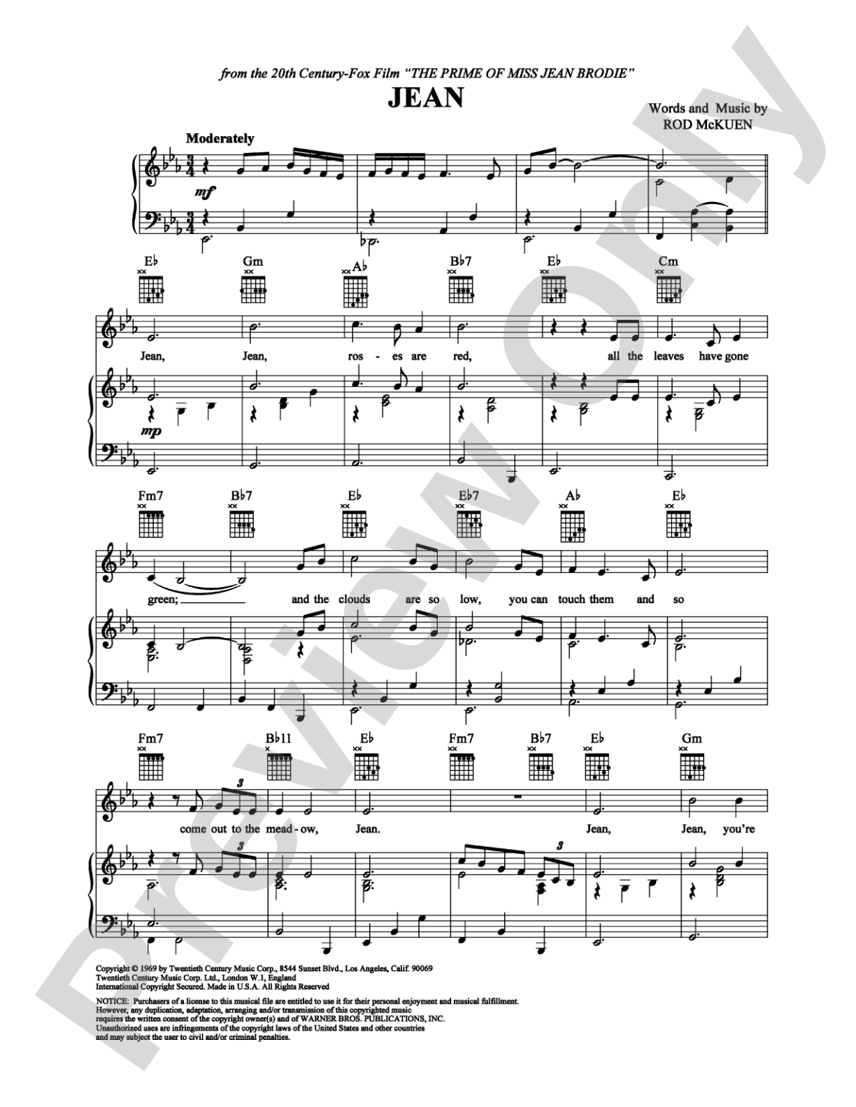 Jean: Piano/Vocal/Chords Digital Sheet Music