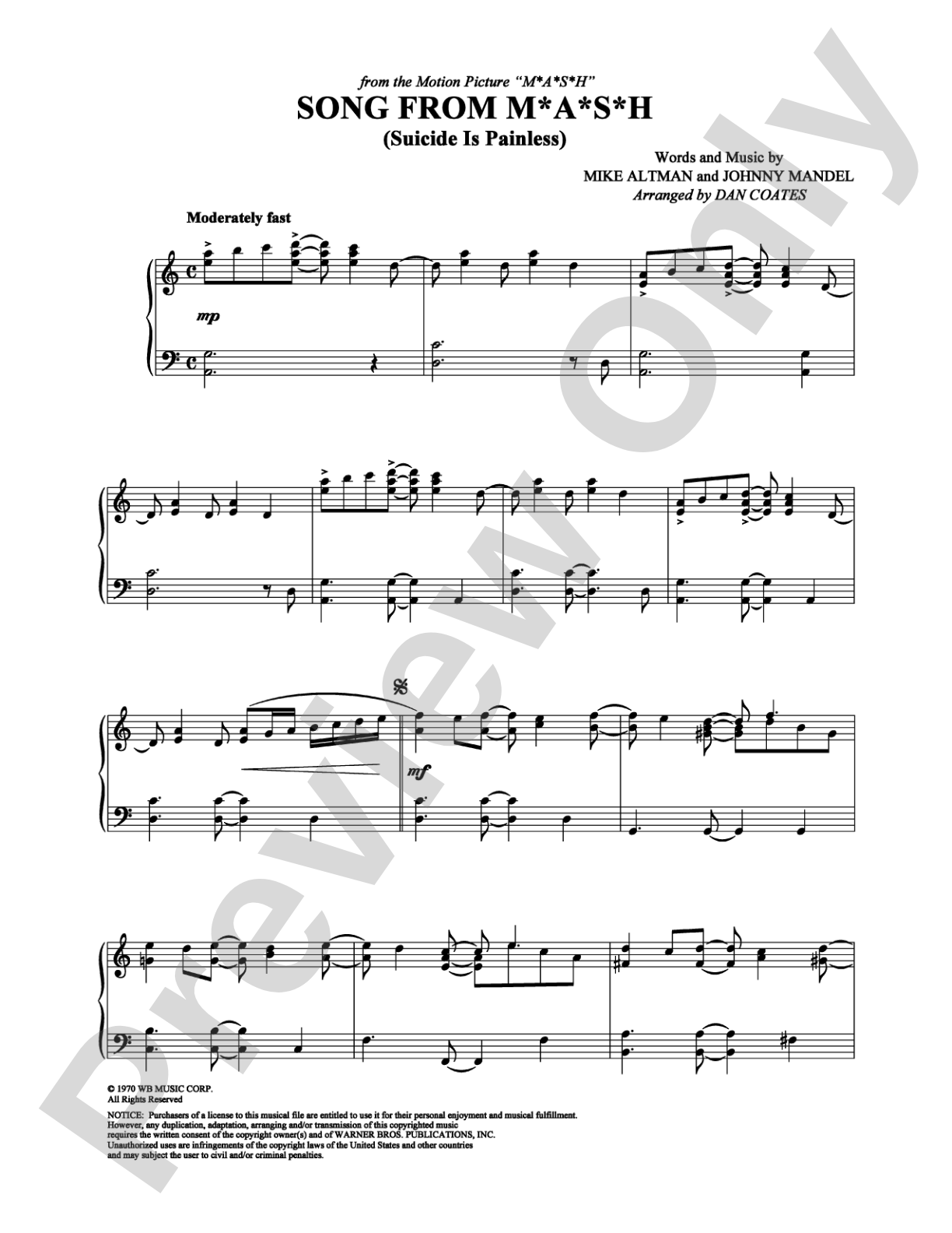 Song From M*A*S*H: Piano Digital Sheet Music