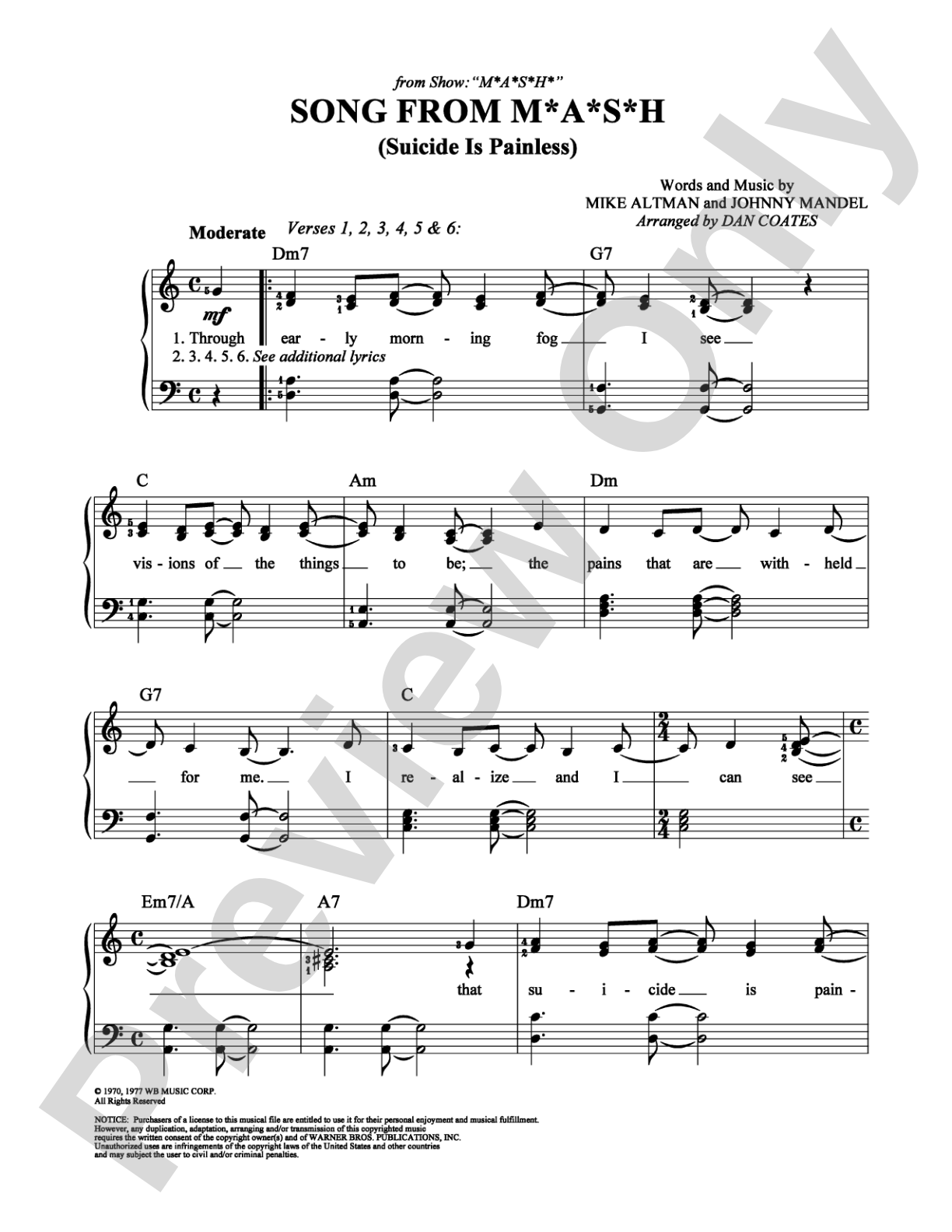 Song From M*A*S*H: Easy Piano Digital Sheet Music