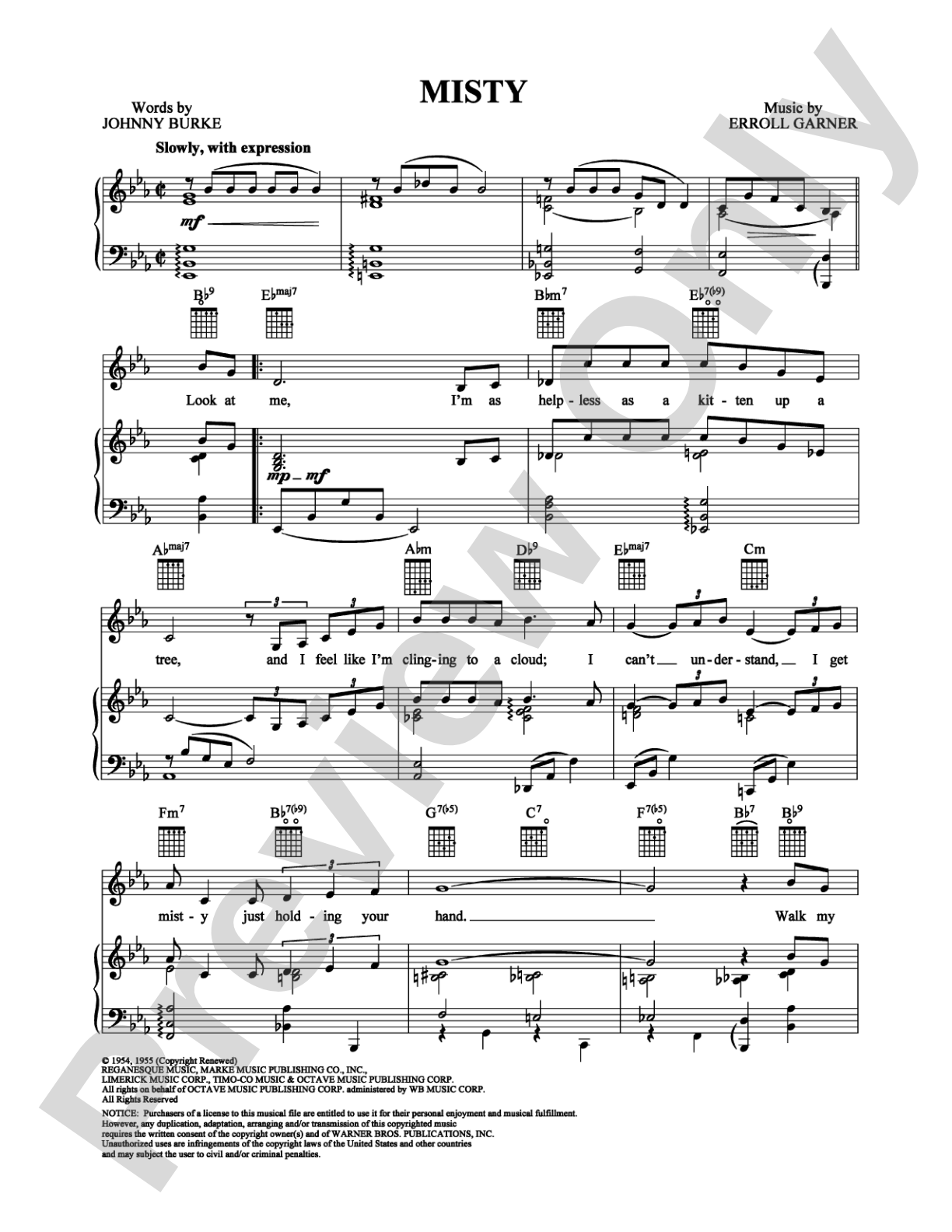 Misty: Piano/Vocal/Chords Digital Sheet Music