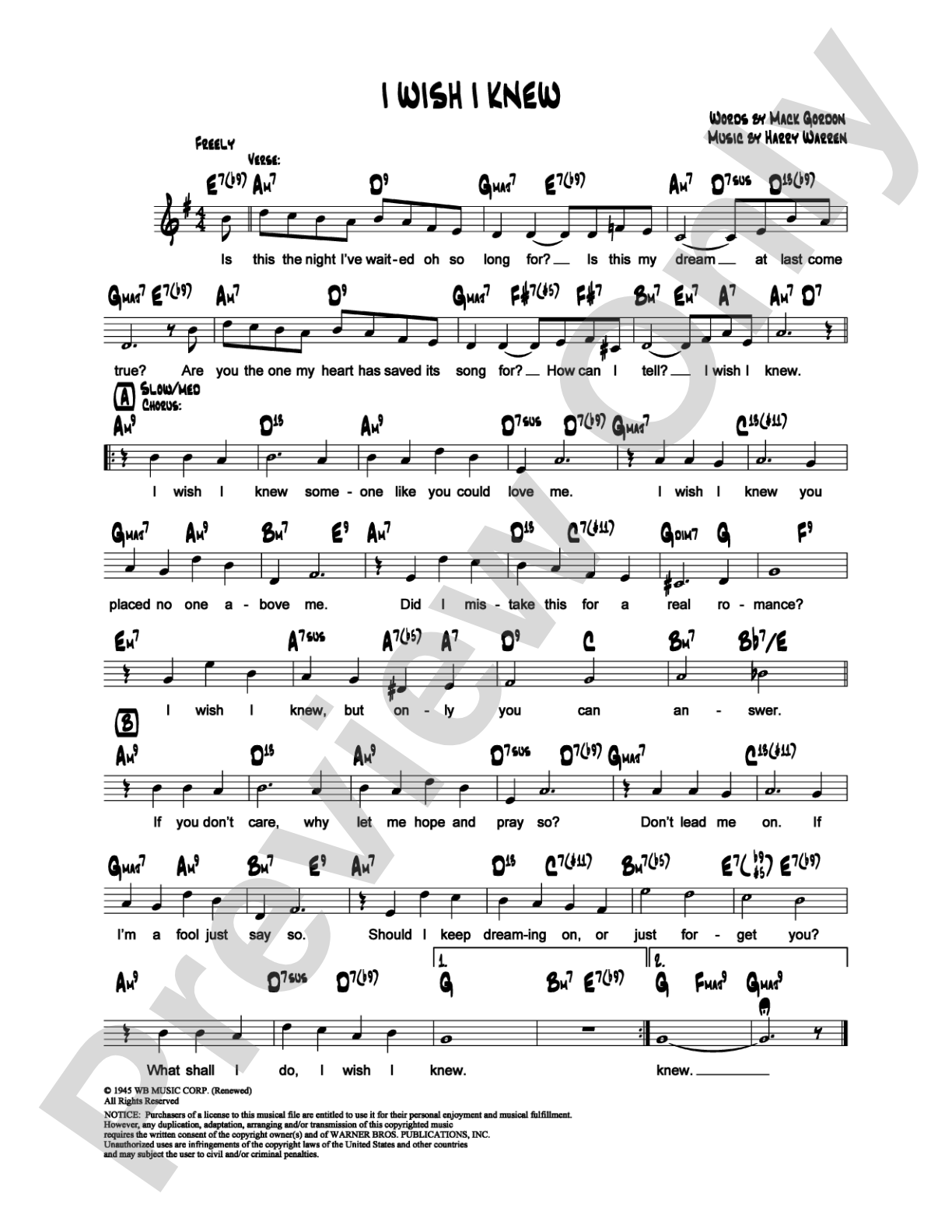 I Wish I Knew: Lead Sheet Digital Sheet Music