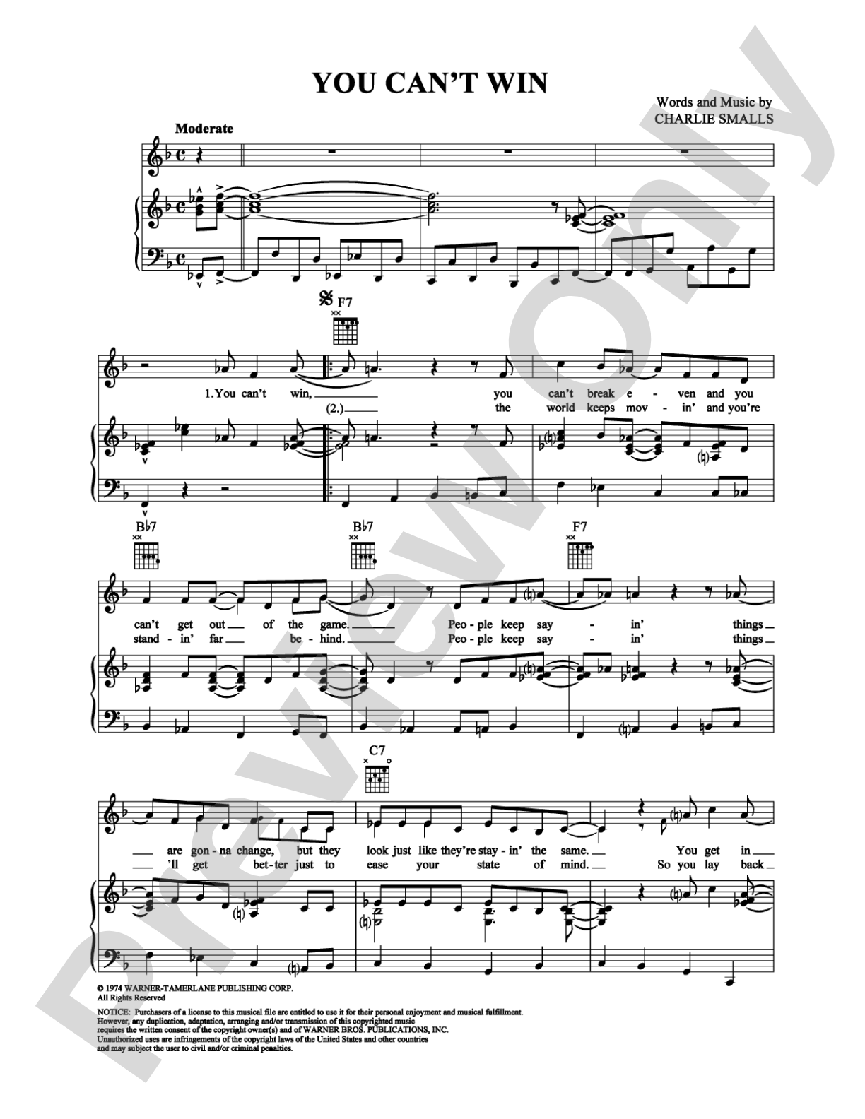 You Can't Win: Piano/Vocal/Chords Digital Sheet Music