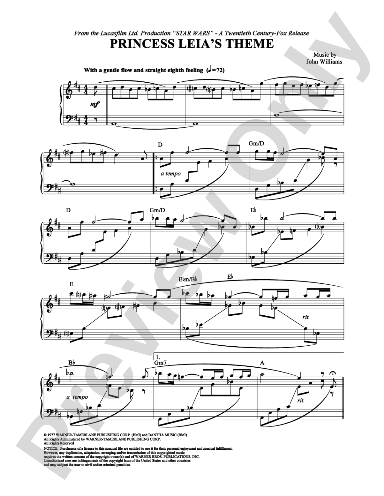 Princess Leia's Theme: Piano Digital Sheet Music