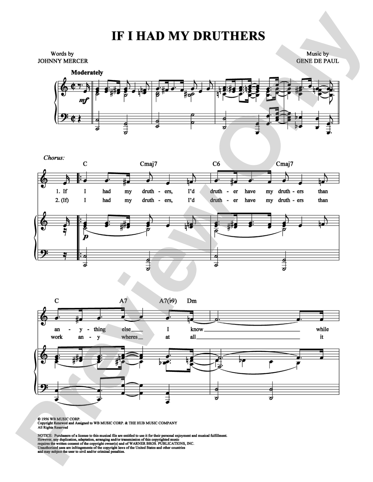 If I Had My Druthers: Piano/Vocal/Chords Digital Sheet Music
