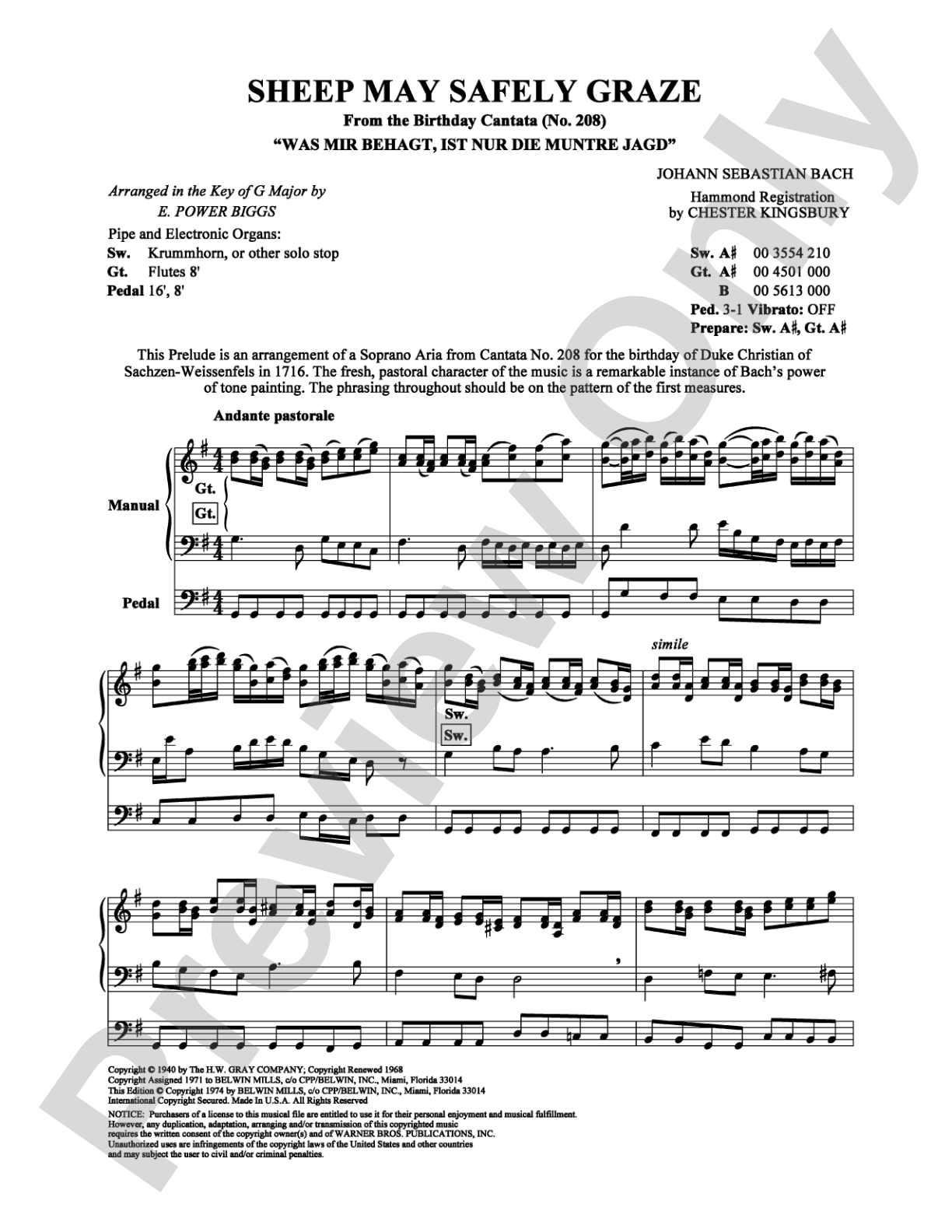 Sheep May Safely Graze, in G Major (from Cantata No. 208): Organ Digital Sheet Music