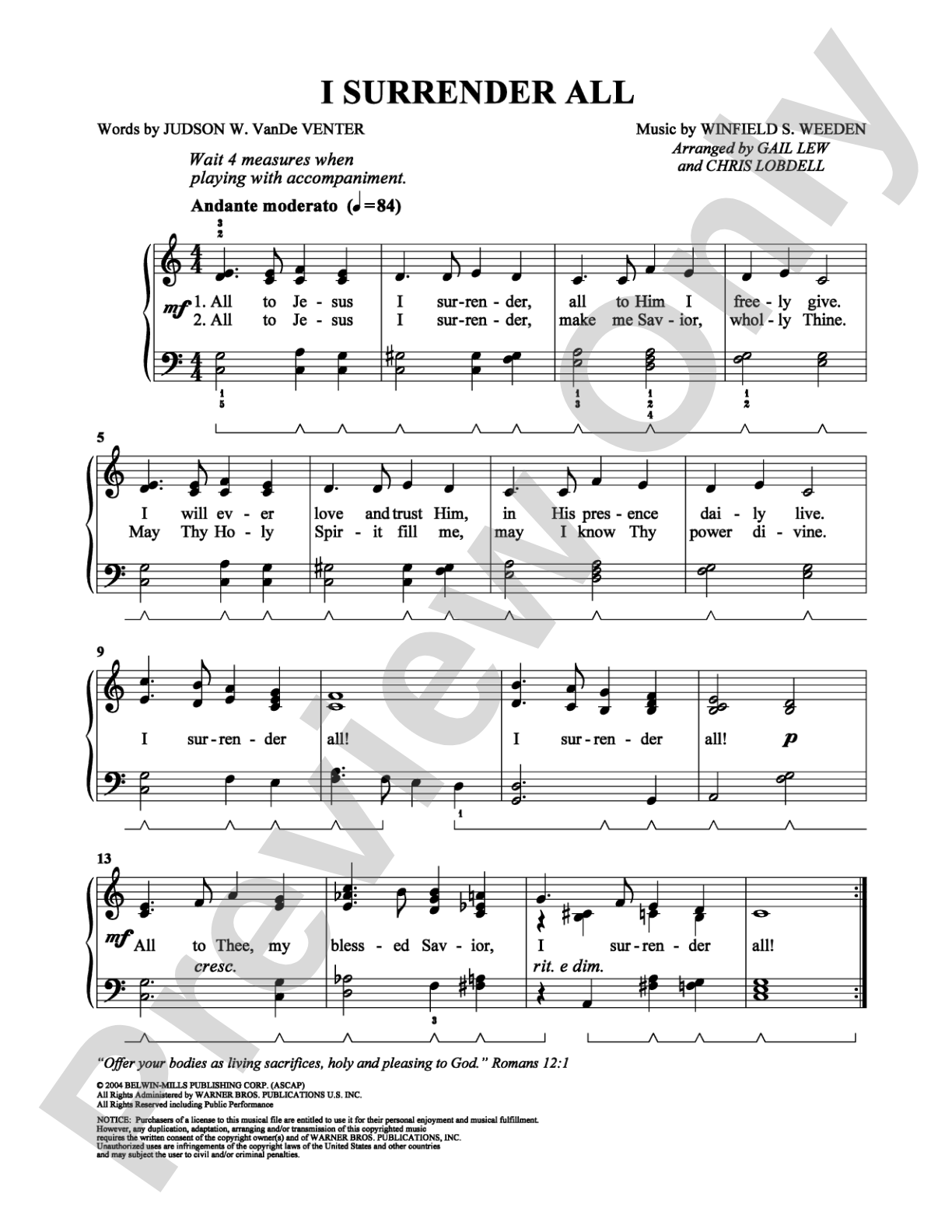 I Surrender All: Easy Piano Digital Sheet Music