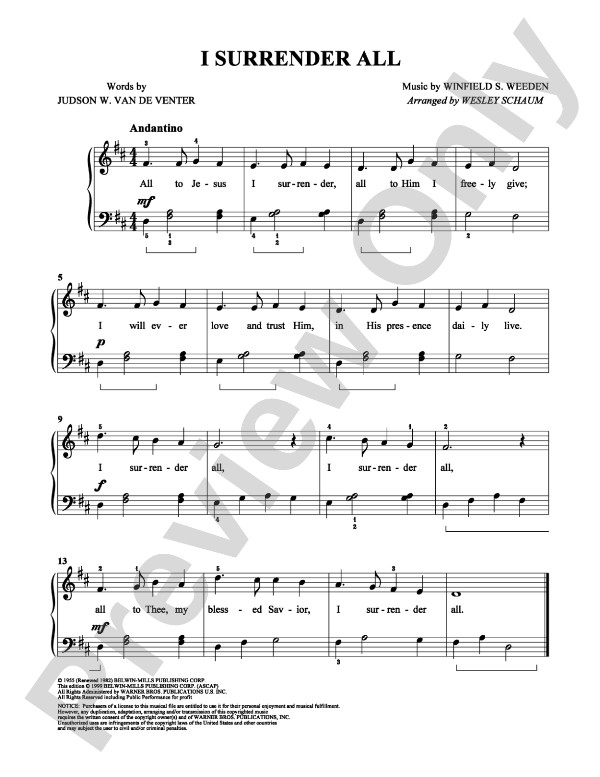 I Surrender All: Easy Piano Digital Sheet Music
