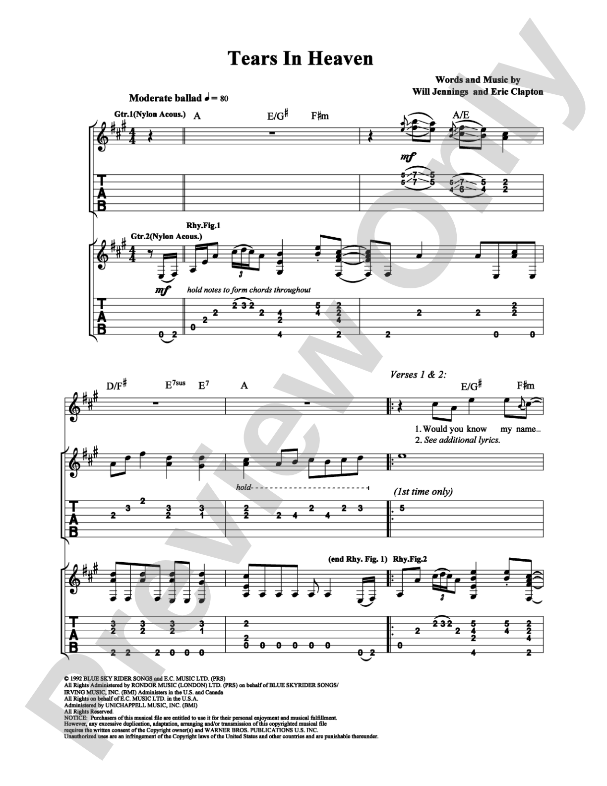 Tears In Heaven: Guitar TAB Digital Sheet Music