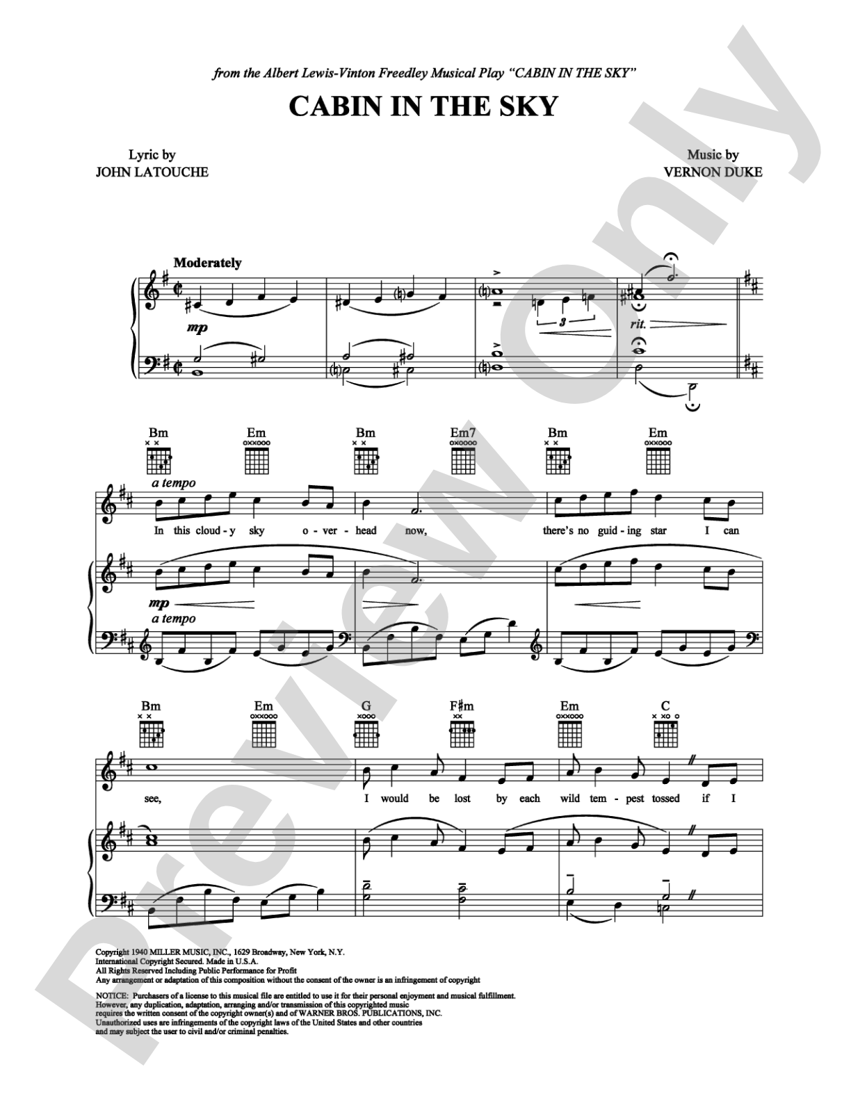 Cabin in the Sky: Piano/Vocal/Chords Digital Sheet Music