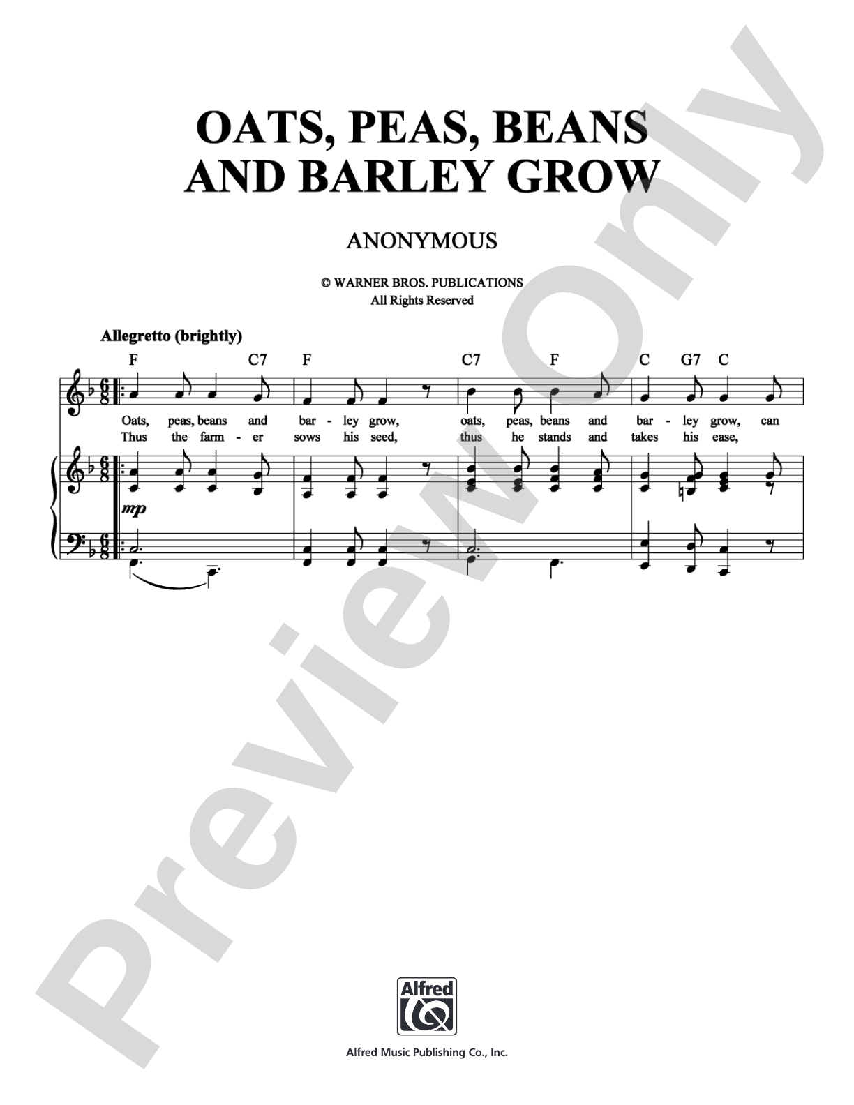 Oats, Peas, Beans and Barley Grow: Piano/Vocal/Chords Digital Sheet Music