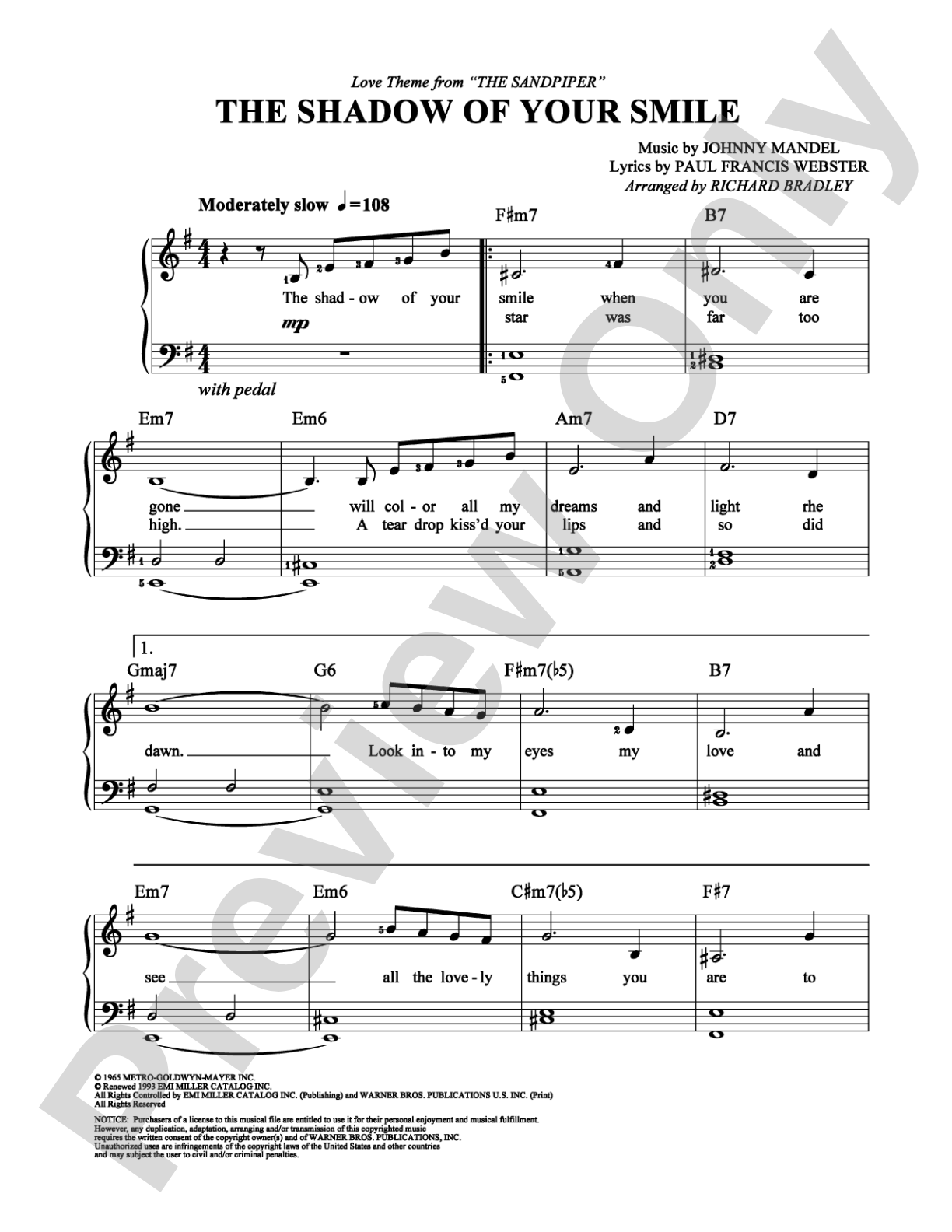 The Shadow of Your Smile: Easy Piano Digital Sheet Music