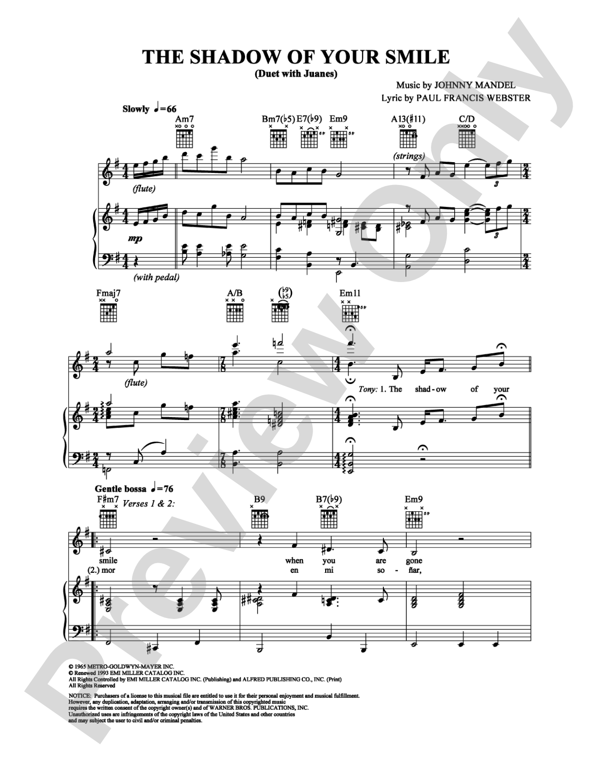 The Shadow of Your Smile: Piano/Vocal/Chords Digital Sheet Music