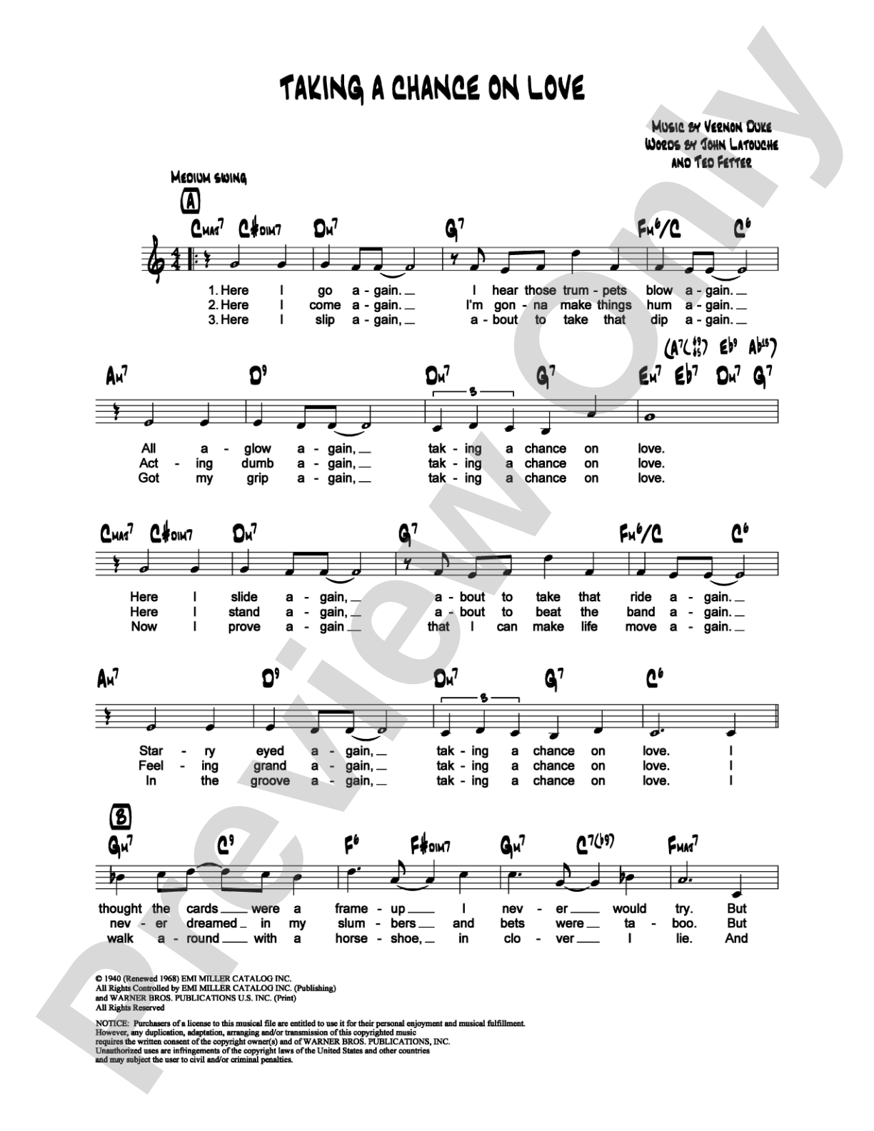 Taking a Chance on Love: Lead Sheet Digital Sheet Music
