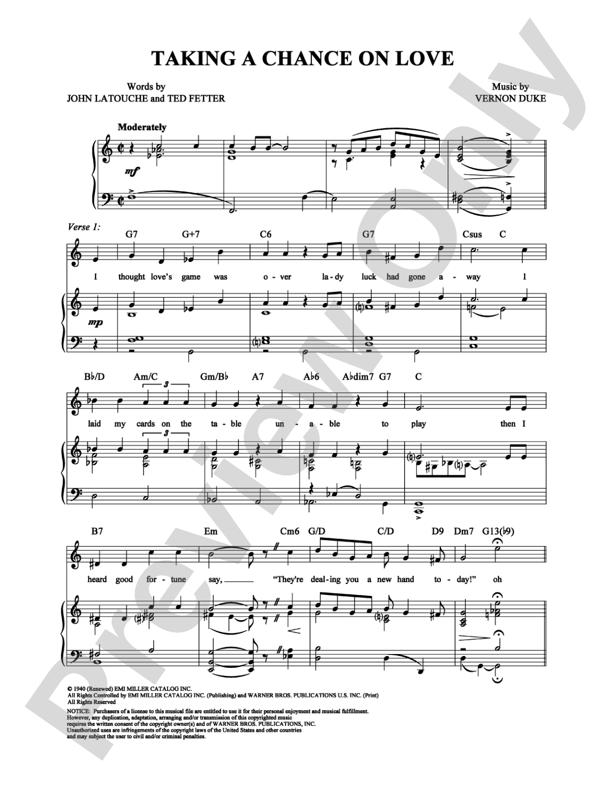 Taking a Chance On Love: Piano/Vocal/Chords Digital Sheet Music