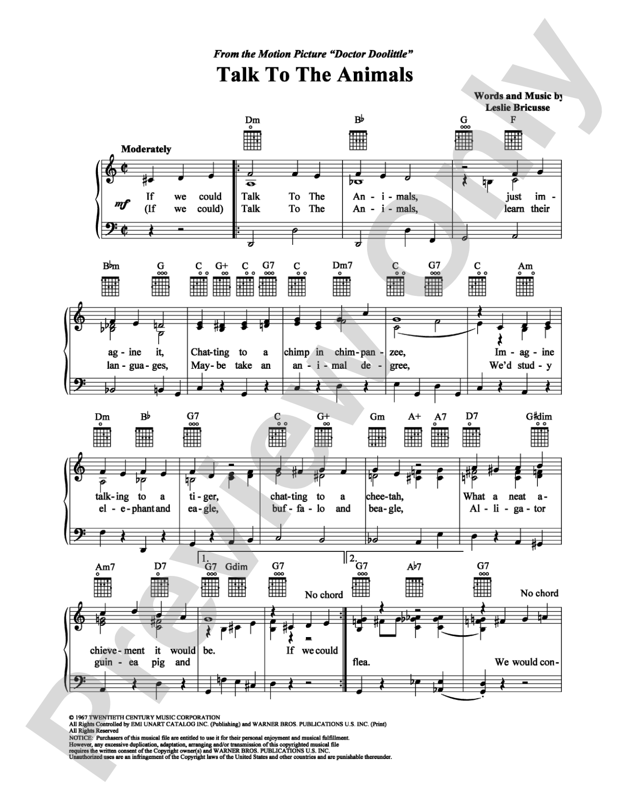 Talk To The Animals: Piano/Vocal/Chords Digital Sheet Music