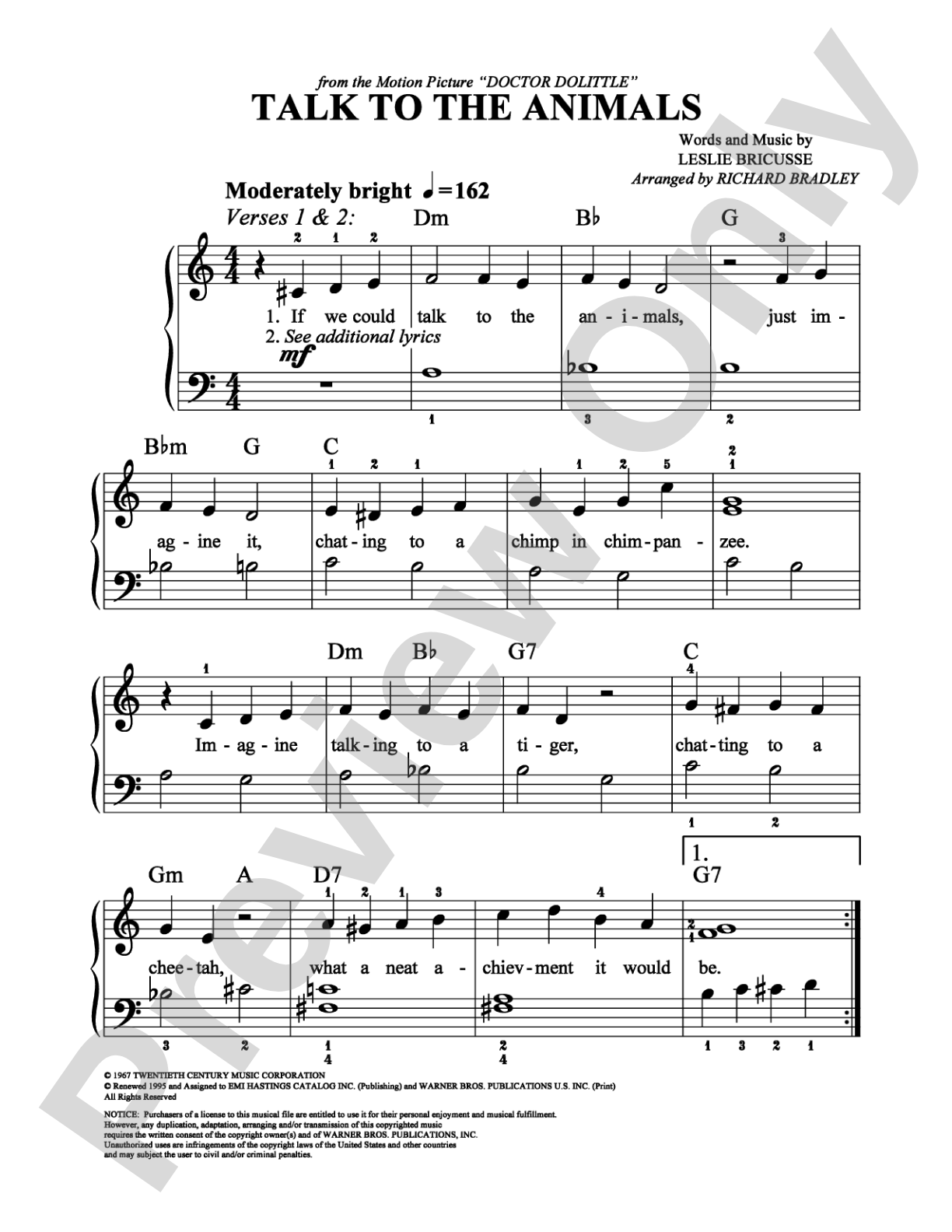 Talk to the Animals: Easy Piano Digital Sheet Music