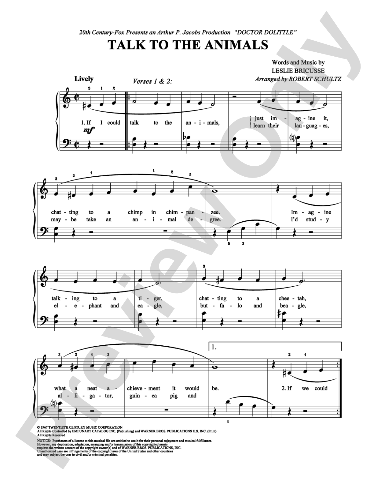 Talk to the Animals: Easy Piano Digital Sheet Music