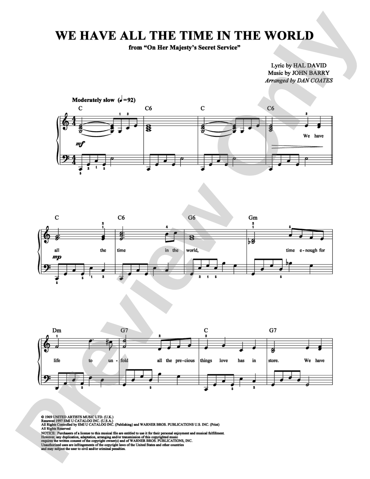 We Have All The Time in The World: Easy Piano Digital Sheet Music