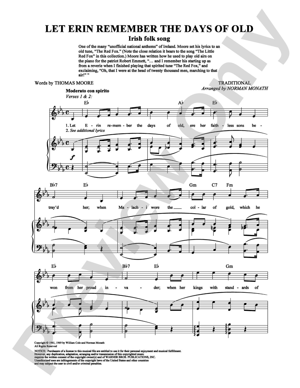 Let Erin Remember the Days of Old: Piano/Vocal/Chords Digital Sheet Music