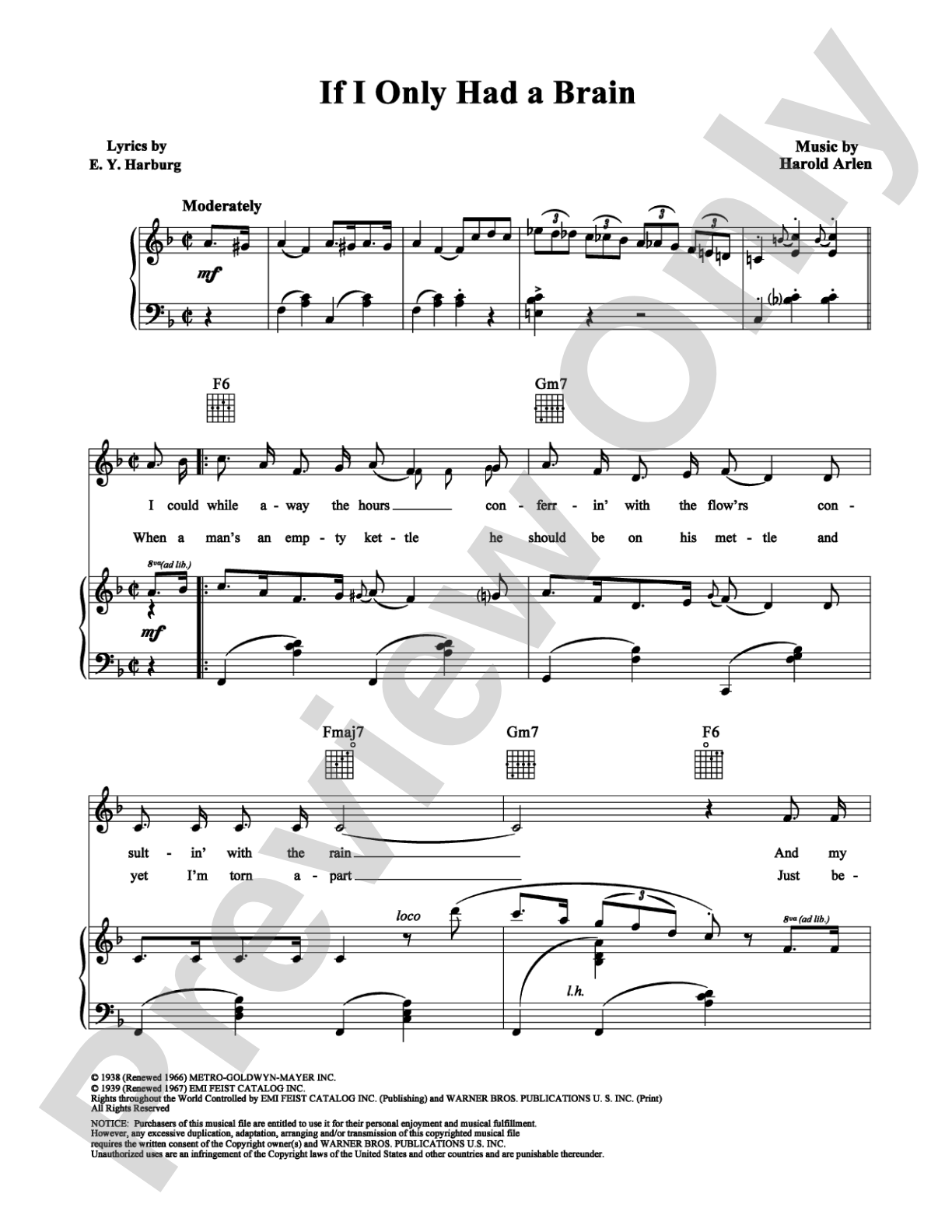 If I Only Had a Brain: Piano/Vocal/Chords Digital Sheet Music