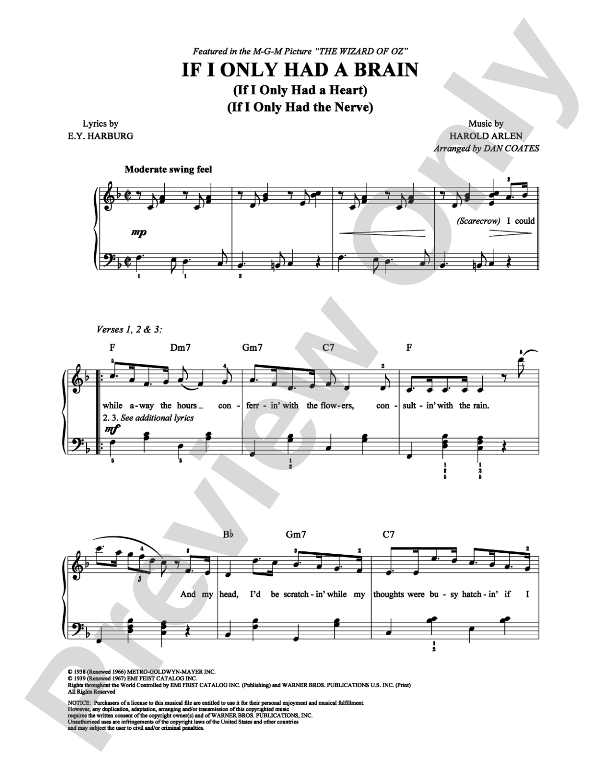 If I Only Had a Brain: Piano/Vocal/Chords Digital Sheet Music