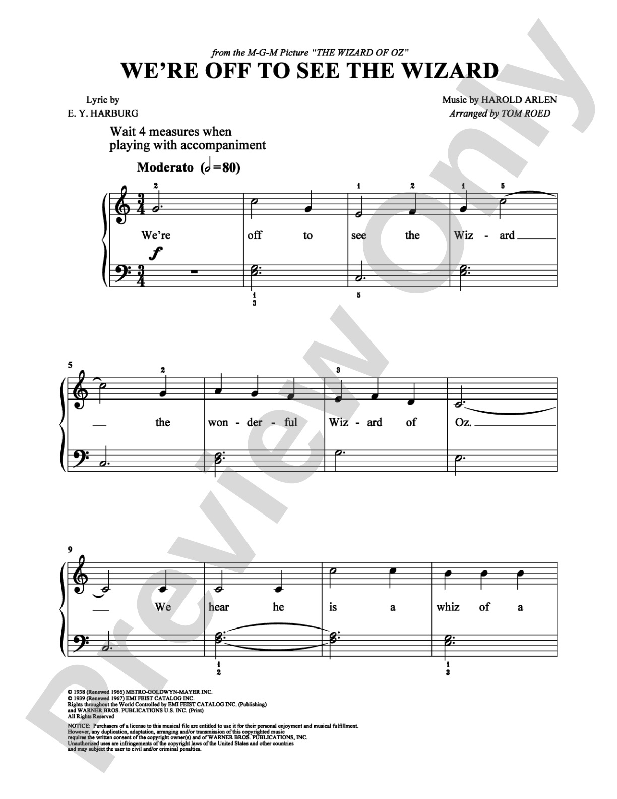 We're Off to See the Wizard: Easy Piano Digital Sheet Music
