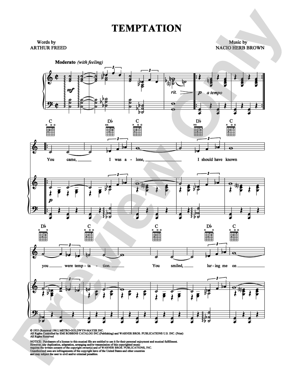 Temptation: Piano/Vocal/Chords Digital Sheet Music