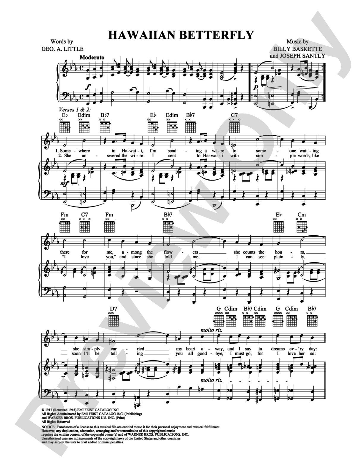 Hawaiian Butterfly: Piano/Vocal/Chords Digital Sheet Music