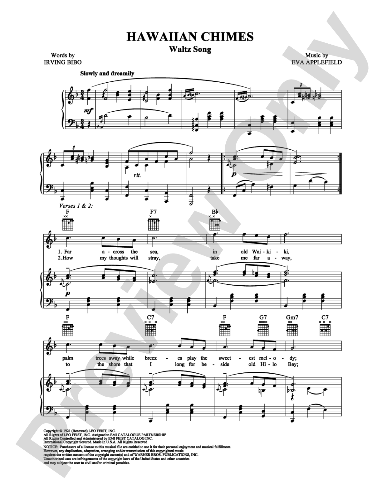 Hawaiian Chimes: Piano/Vocal/Chords Digital Sheet Music