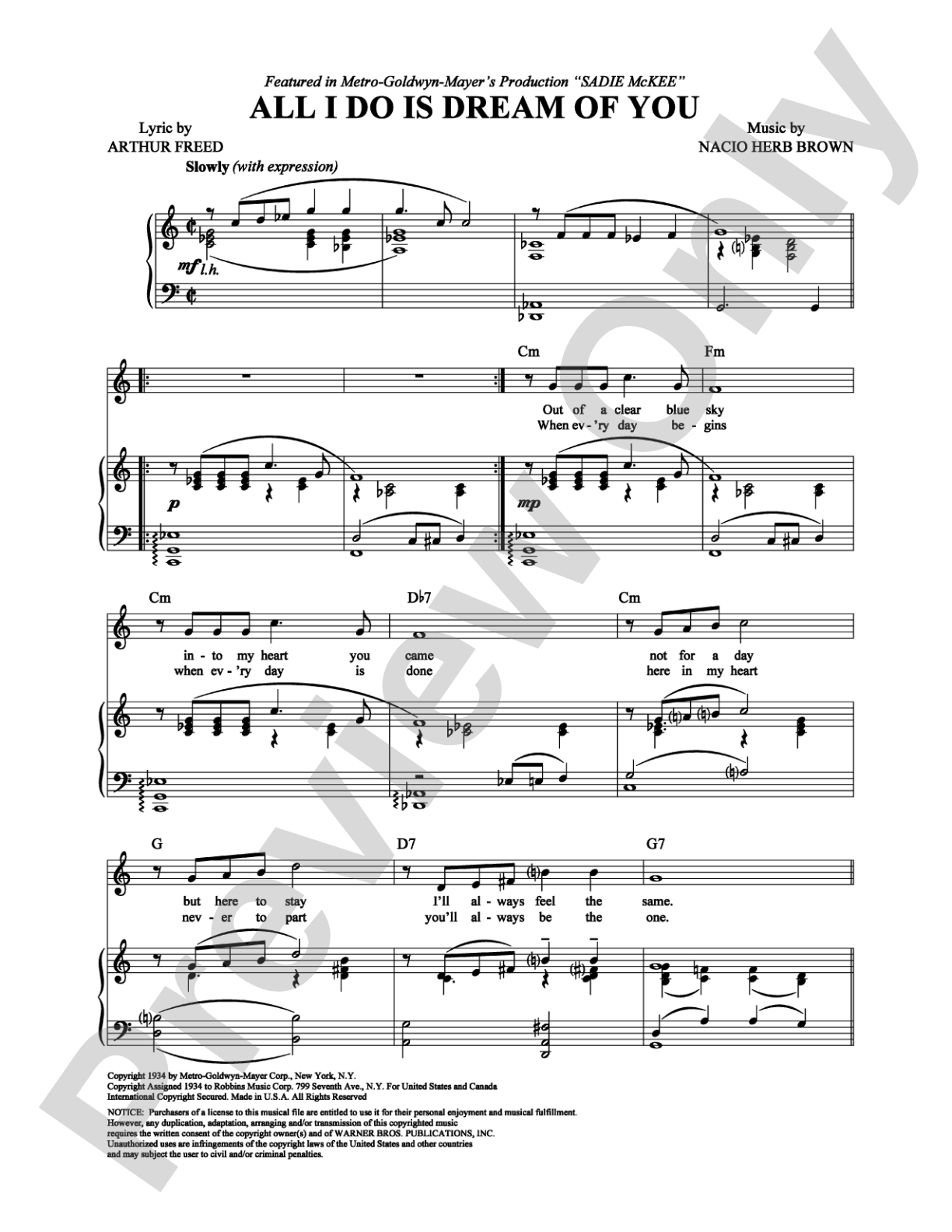 All I Do Is Dream of You: Piano/Vocal/Chords Digital Sheet Music