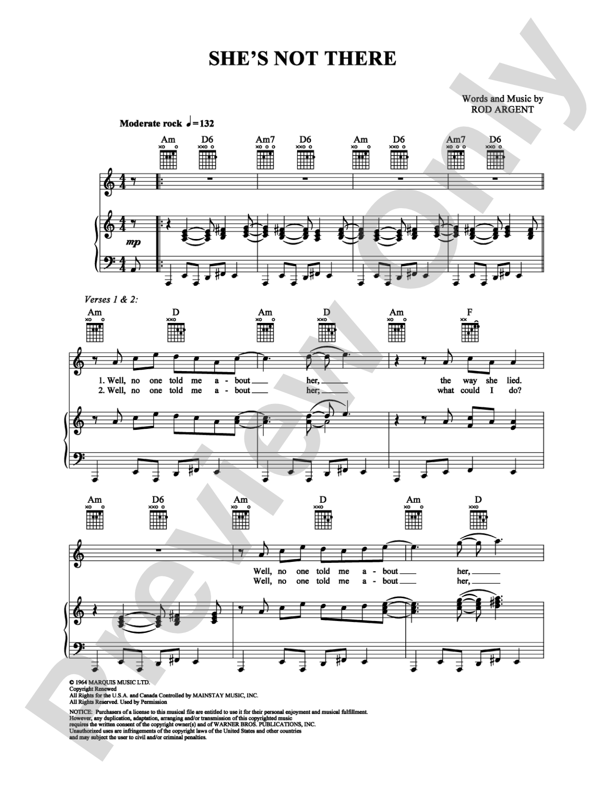 She's Not There: Piano/Vocal/Chords Digital Sheet Music