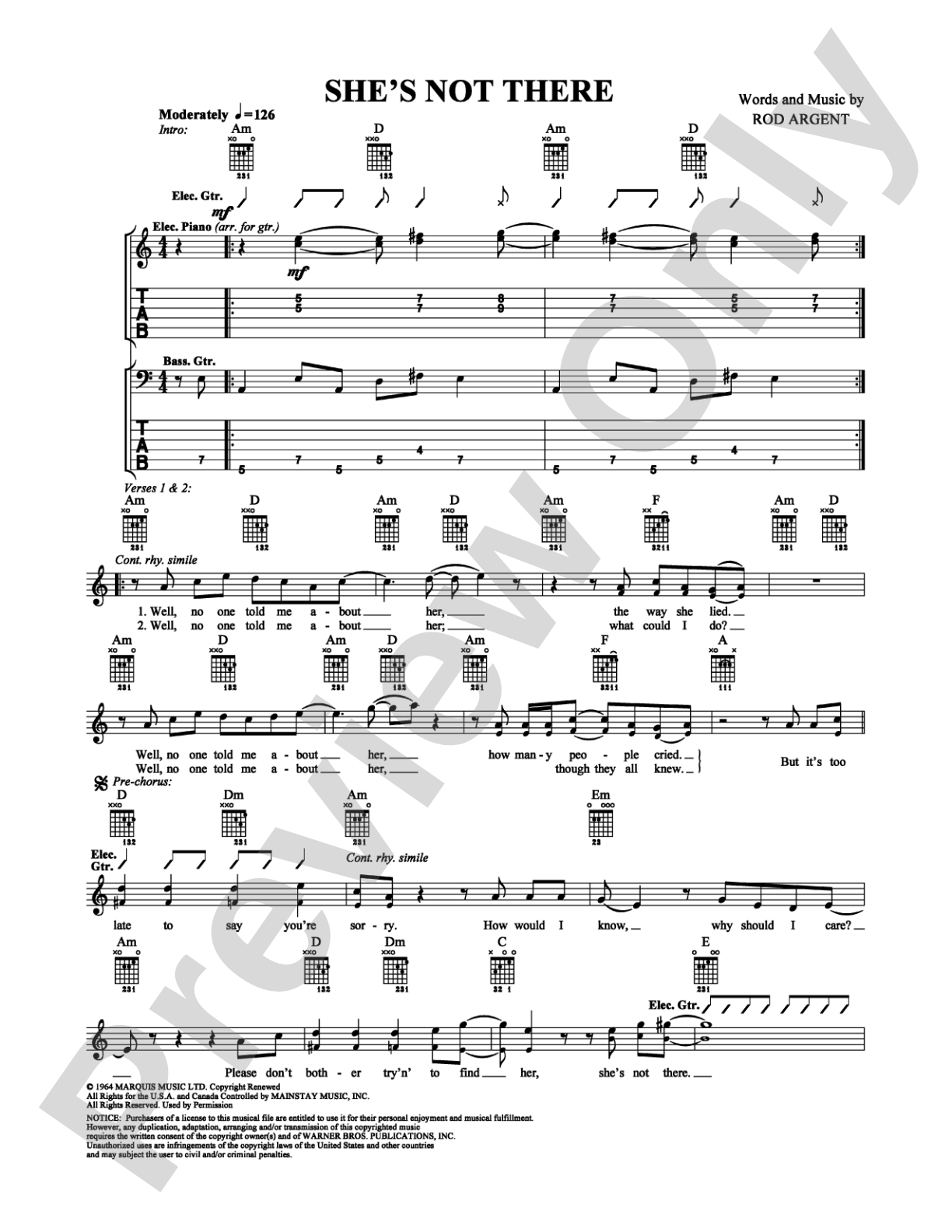 She's Not There: Easy Guitar Digital Sheet Music